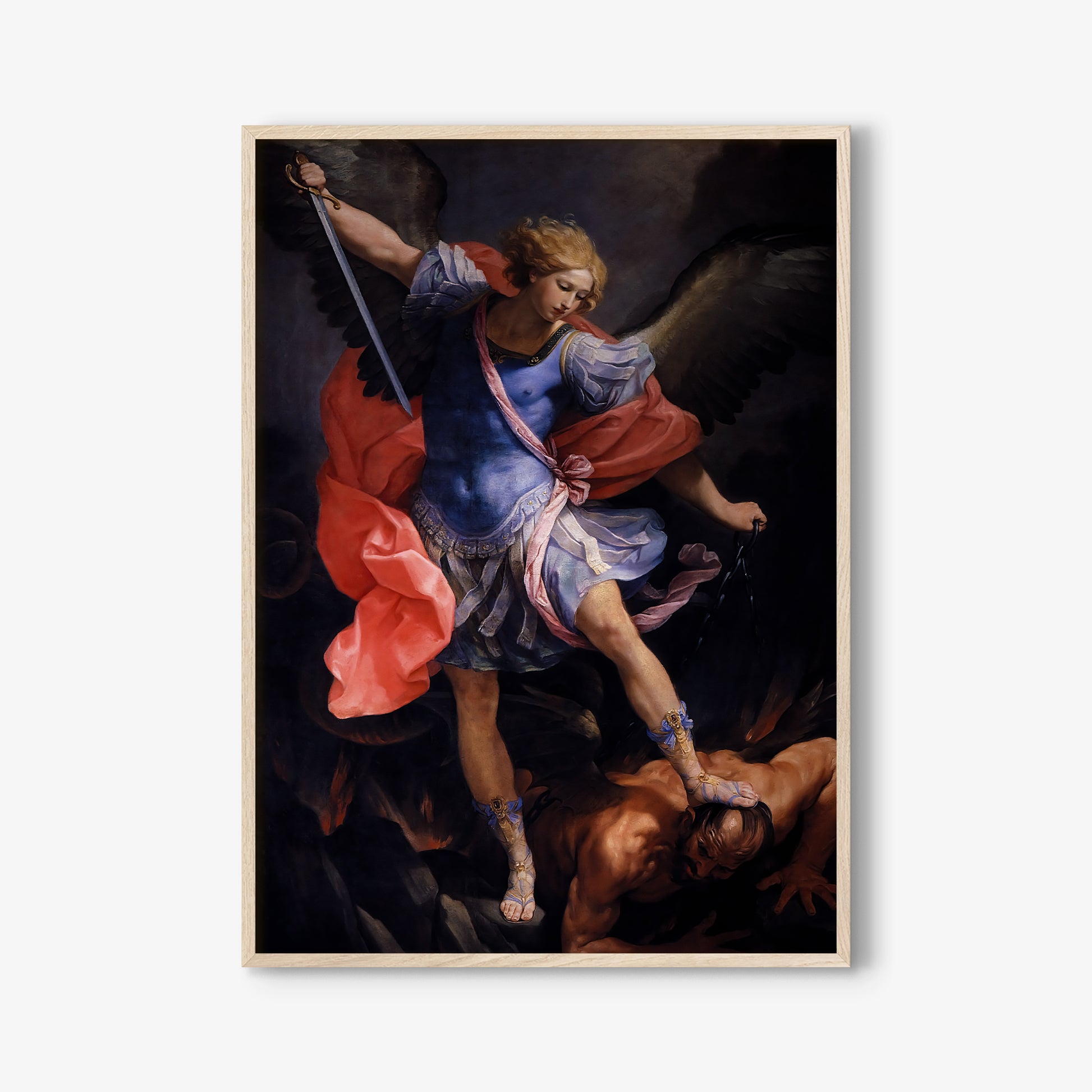 Be inspired by our classic art print Archangel Michael Defeats Satan by Guido Reni. This artwork was printed using the giclée process on archival acid-free paper and is presented in a white oak frame that captures its timeless beauty in every detail.