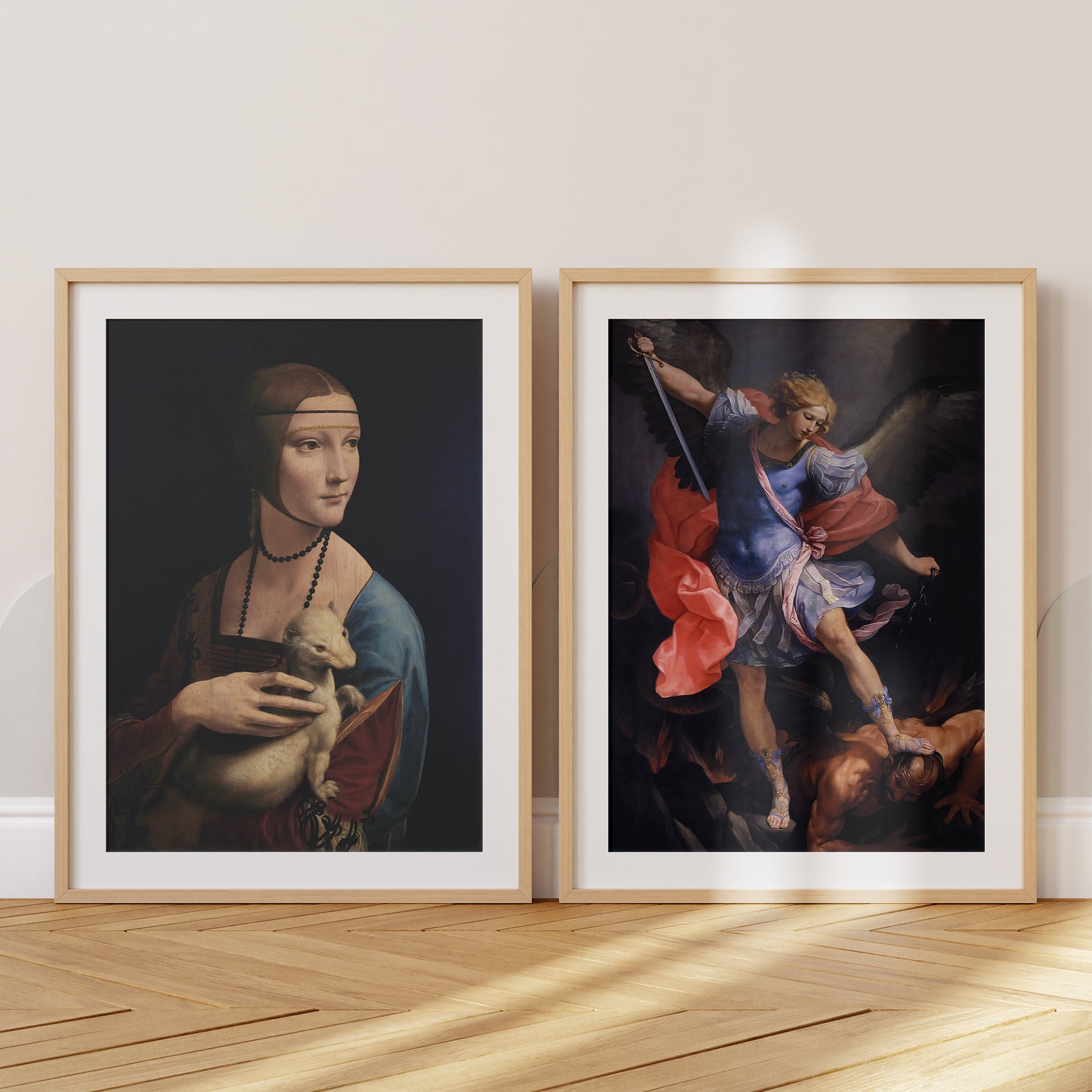 Be inspired by our classic art print Archangel Michael Defeats Satan by Guido Reni. This artwork was printed using the giclée process on archival acid-free paper and is presented in a set of two oak frames with passe-partout that captures its timeless beauty in every detail.