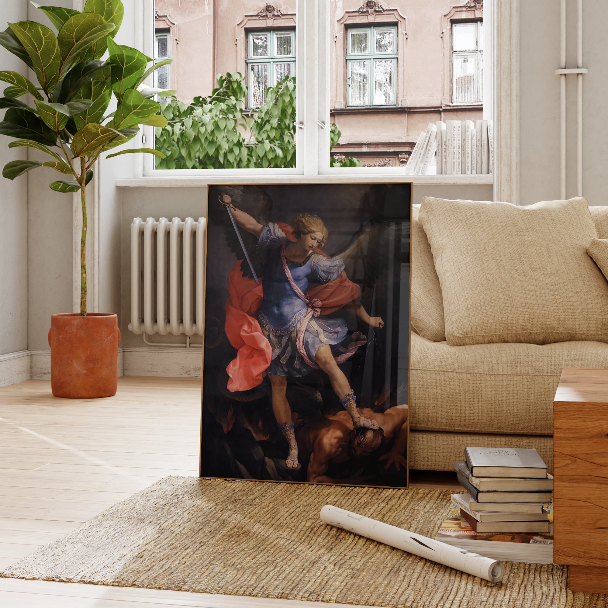 Be inspired by our classic art print Archangel Michael Defeats Satan by Guido Reni. This artwork was printed using the giclée process on archival acid-free paper and is presented in a french living room that captures its timeless beauty in every detail.