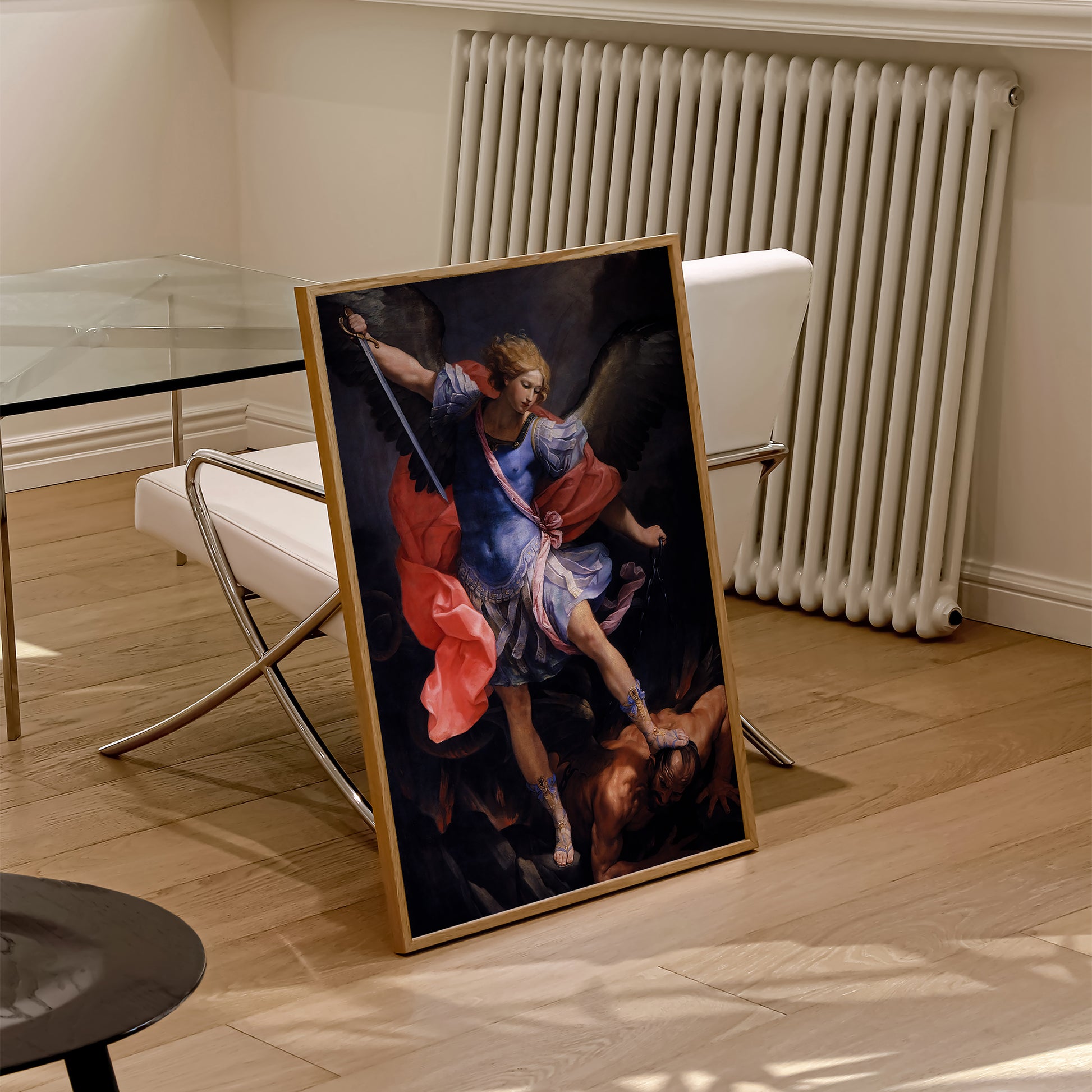 Be inspired by our classic art print Archangel Michael Defeats Satan by Guido Reni. This artwork was printed using the giclée process on archival acid-free paper and is presented in a natural oak frame that captures its timeless beauty in every detail.