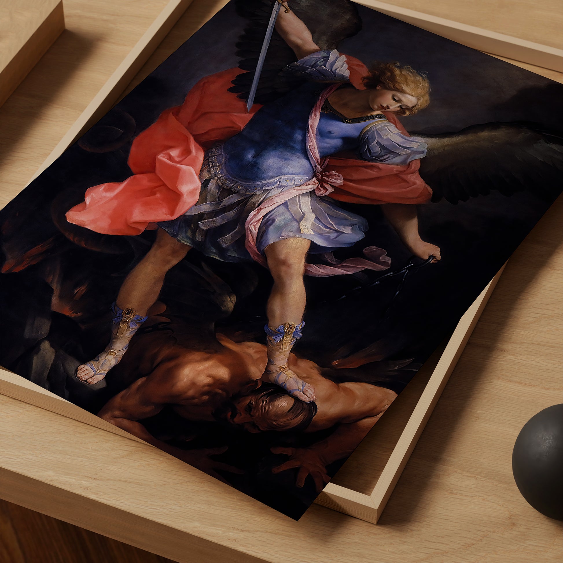 Be inspired by our classic art print Archangel Michael Defeats Satan by Guido Reni. This artwork was printed using giclée on archival acid-free paper and is presented as a print close-up that captures its timeless beauty in every detail.
