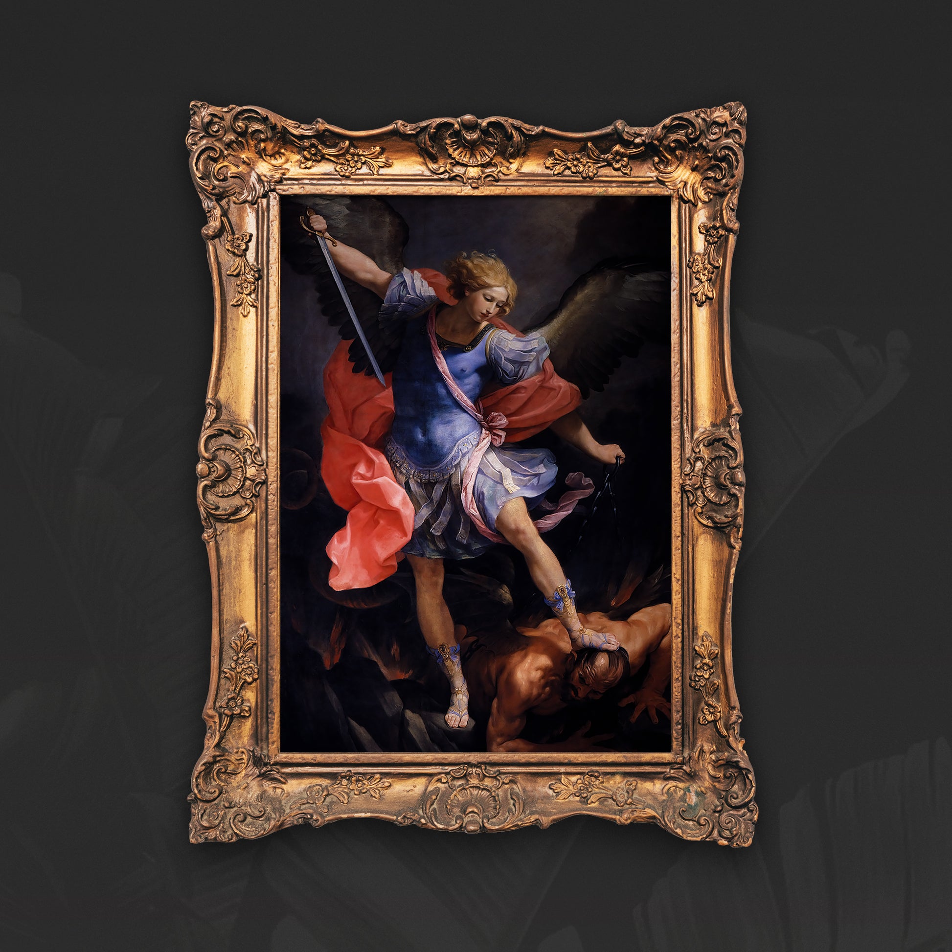 Be inspired by our classic art print Archangel Michael Defeats Satan by Guido Reni. This artwork was printed using the giclée process on archival acid-free paper and is presented in a golden vintage frame that captures its timeless beauty in every detail.