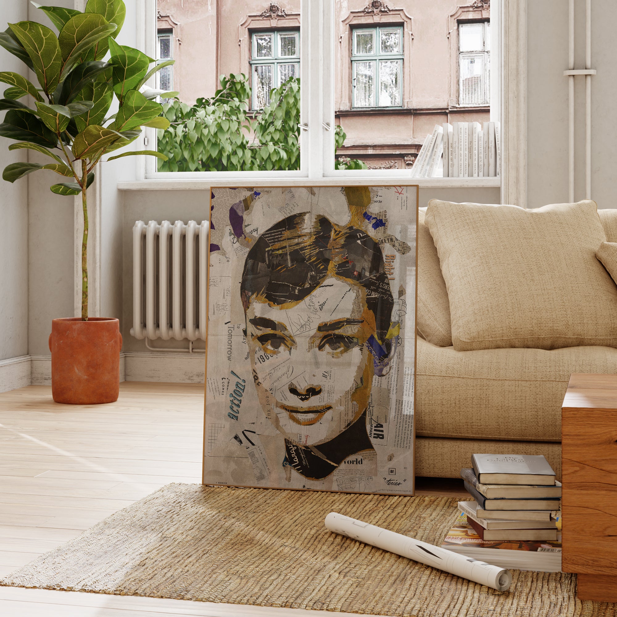 Be inspired by our iconic collage portrait art print of Audrey Hepburn. This artwork was printed using the giclée process on archival acid-free paper and is presented in a French living room, capturing its timeless beauty in every detail.
