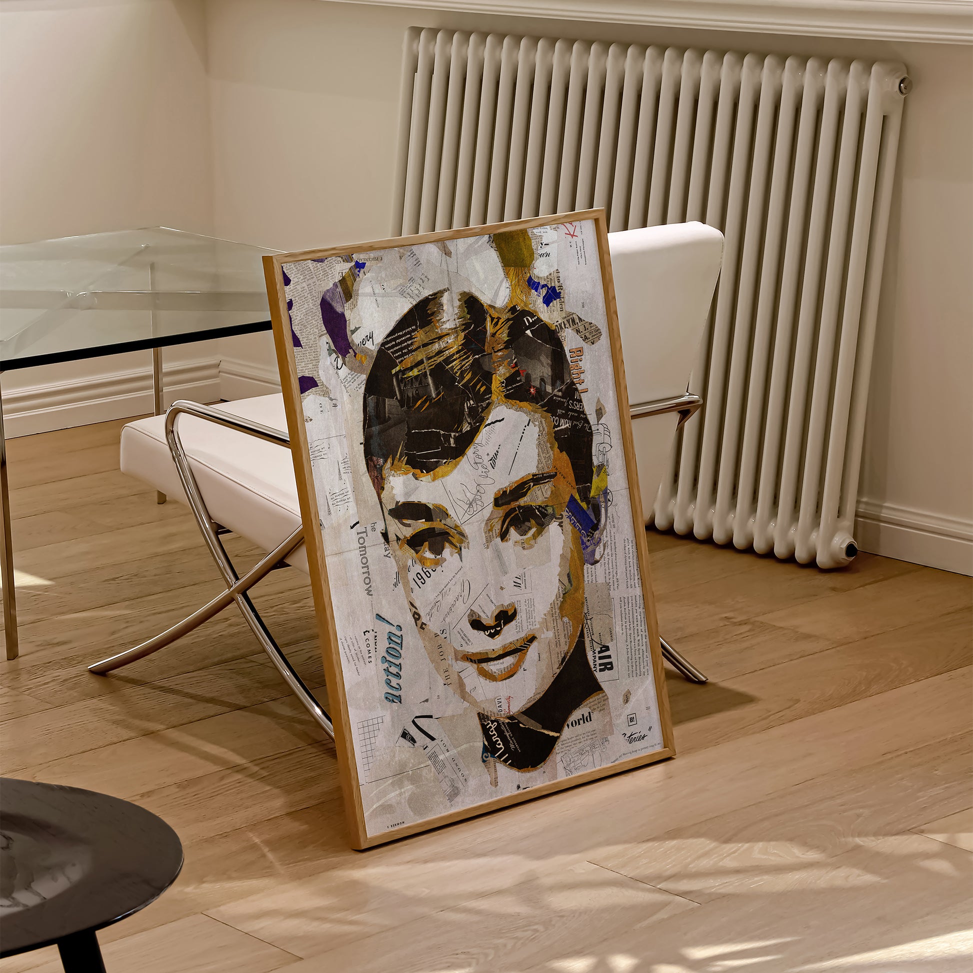 Be inspired by our iconic collage portrait art print of Audrey Hepburn. This artwork was printed using the giclée process on archival acid-free paper and is presented in a natural oak frame, capturing its timeless beauty in every detail.