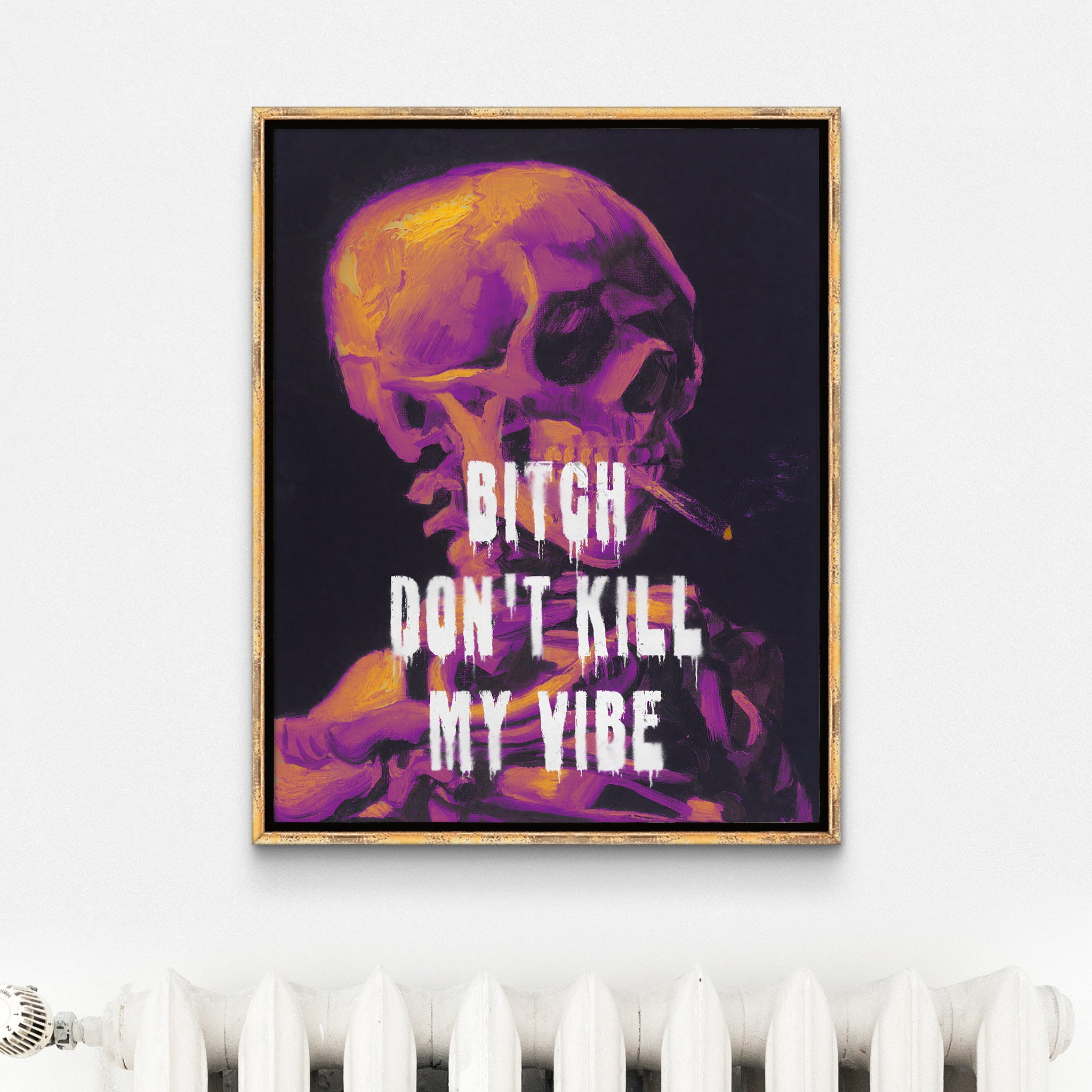 Be inspired by our altered Van Gogh's Bitch Don't Kill My Vibe art print. This artwork was printed using the giclée process on archival acid-free paper and is presented in an antique golden frame that captures its timeless beauty in every detail.