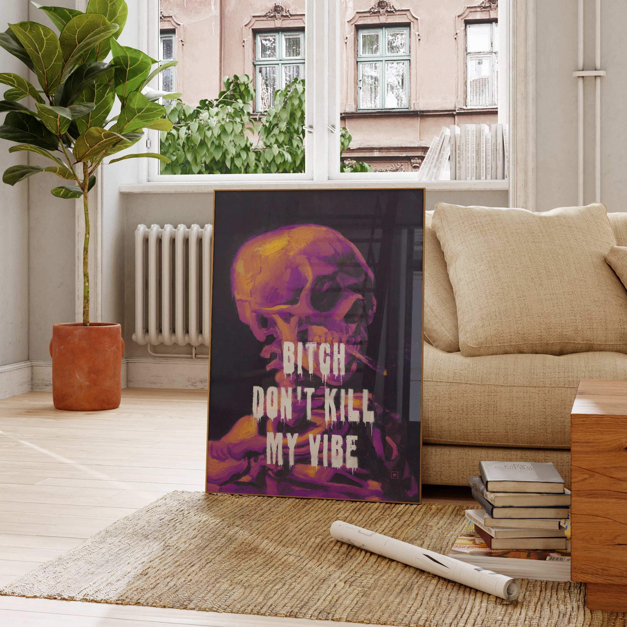 Be inspired by our altered Van Gogh's Bitch Don't Kill My Vibe art print. This artwork has been printed using the giclée process on archival acid-free paper and is presented in a french living room that captures its timeless beauty in every detail.