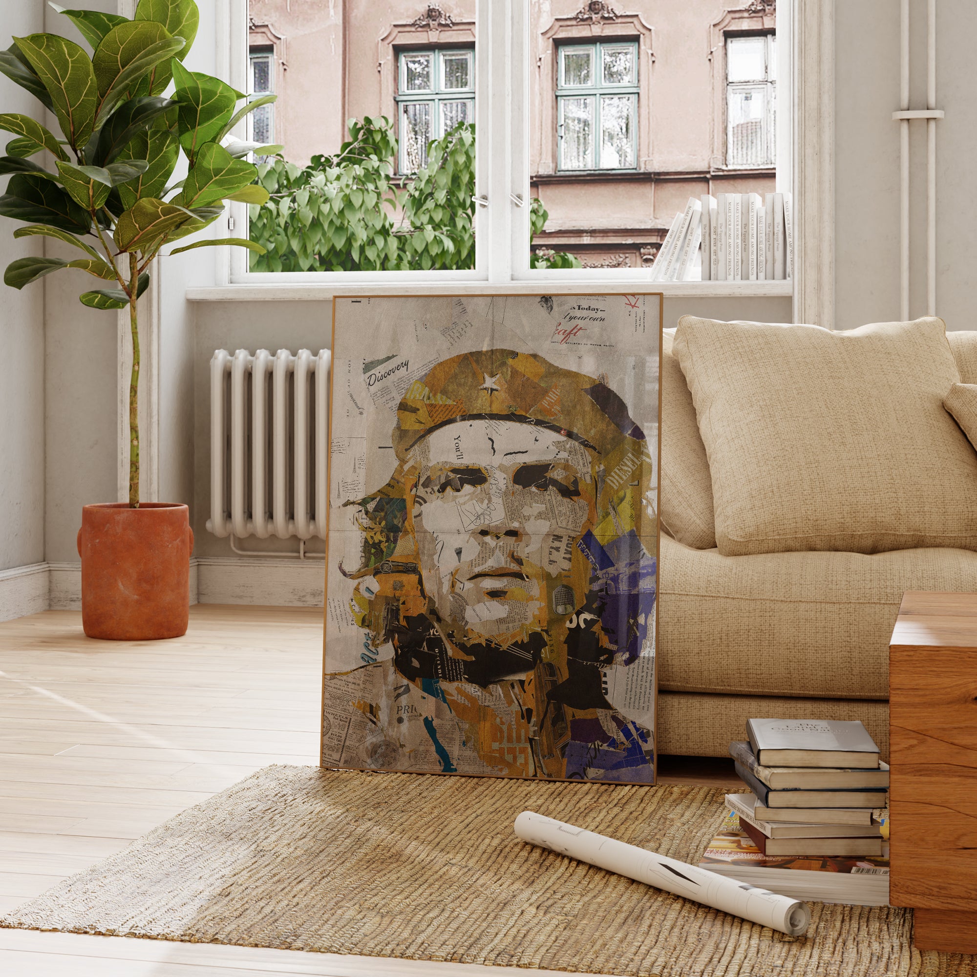 Be inspired by our iconic collage portrait art print of Che Guevara. This artwork was printed using the giclée process on archival acid-free paper and is presented in a French living room, capturing its timeless beauty in every detail.