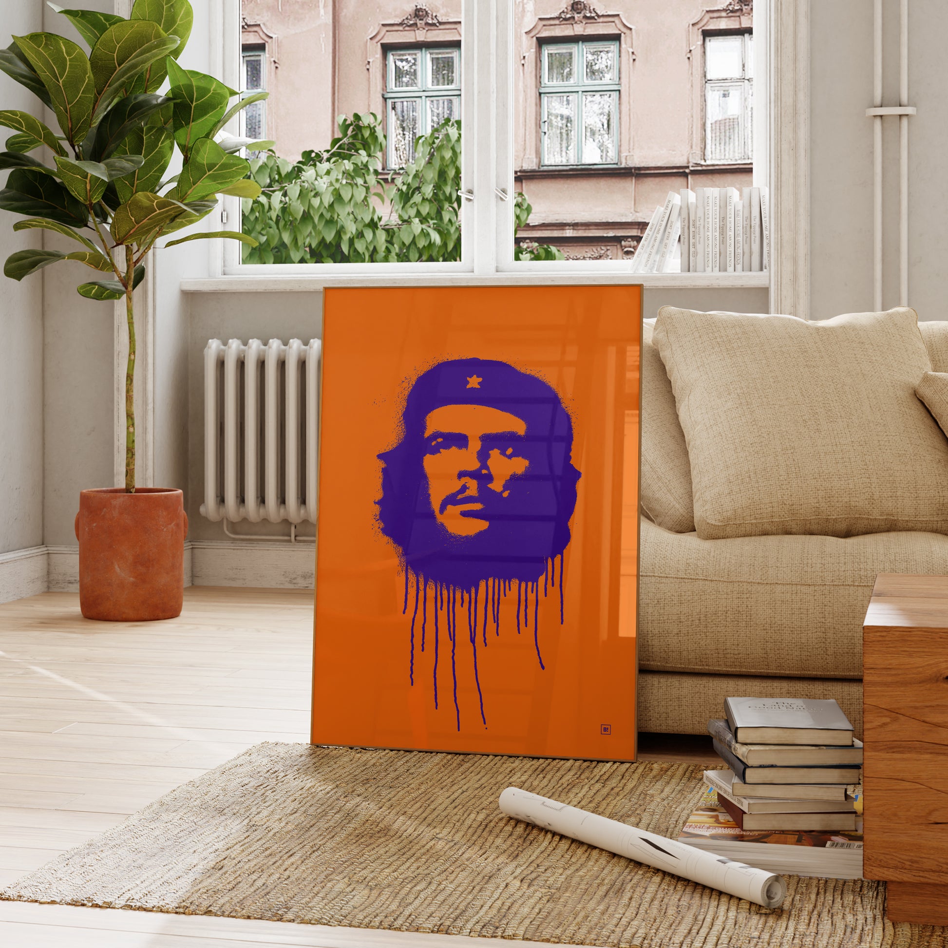 Be inspired by our pop navy "Ernesto Che Guevara" art print! This artwork was printed using the giclée process on archival acid-free paper and is presented in a French living room, capturing its timeless beauty in every detail.