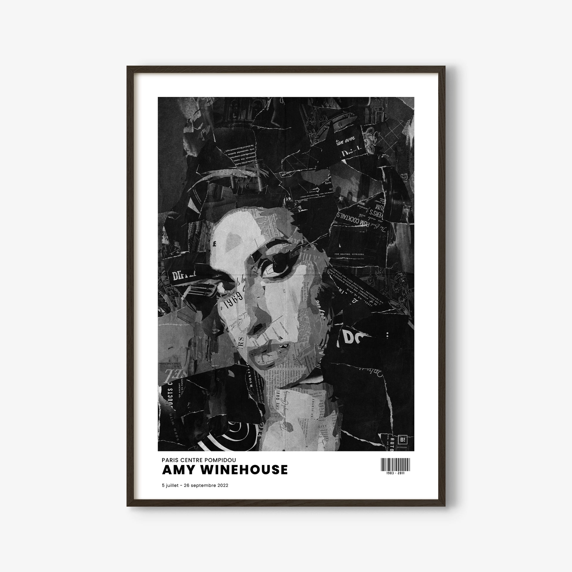 Be inspired by Iconic Amy Winehouse Paris Centre Pompidou Exhibition Art Print. The artwork is presented in a black oak frame that captures its timeless beauty in every detail.