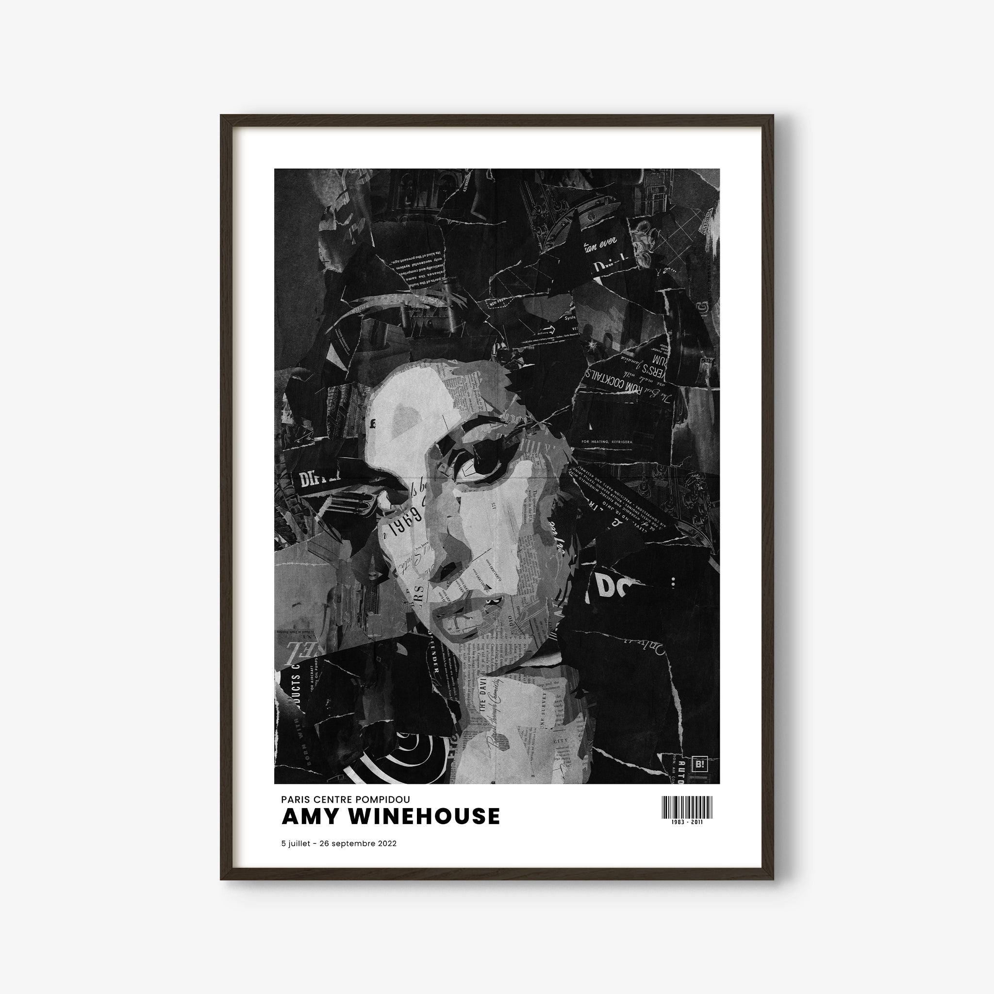 Be inspired by Iconic Amy Winehouse Paris Centre Pompidou Exhibition Art Print. The artwork is presented in a black oak frame that captures its timeless beauty in every detail.