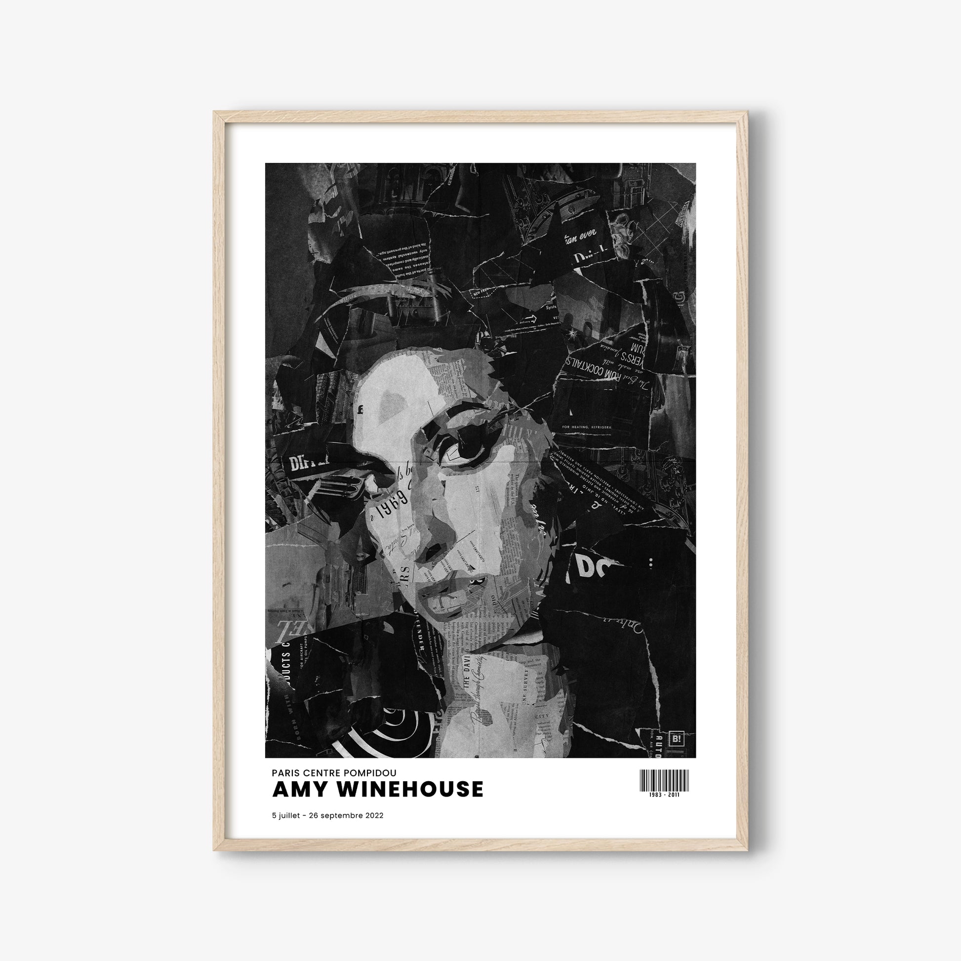 Be inspired by Iconic Amy Winehouse Paris Centre Pompidou Exhibition Art Print. The artwork is presented in a white oak frame that captures its timeless beauty in every detail.