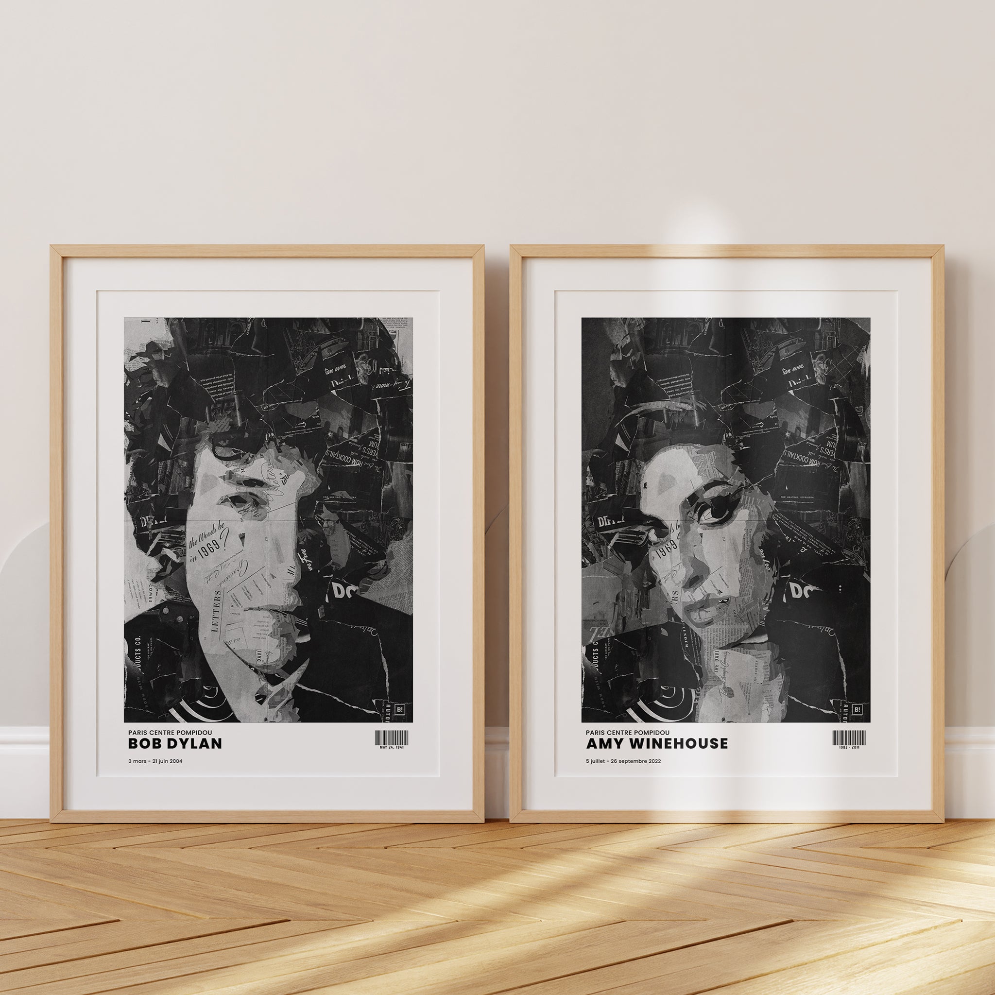 Be inspired by Iconic Amy Winehouse Paris Centre Pompidou Exhibition Art Print. The artwork is presented in a set of two natural oak frames with passe-partout that captures its timeless beauty in every detail.