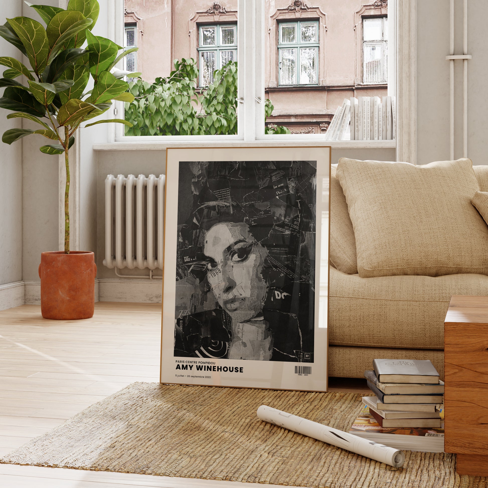 Be inspired by Iconic Amy Winehouse Paris Centre Pompidou Exhibition Art Print. The artwork is presented in a bohemian room that captures its timeless beauty in every detail.