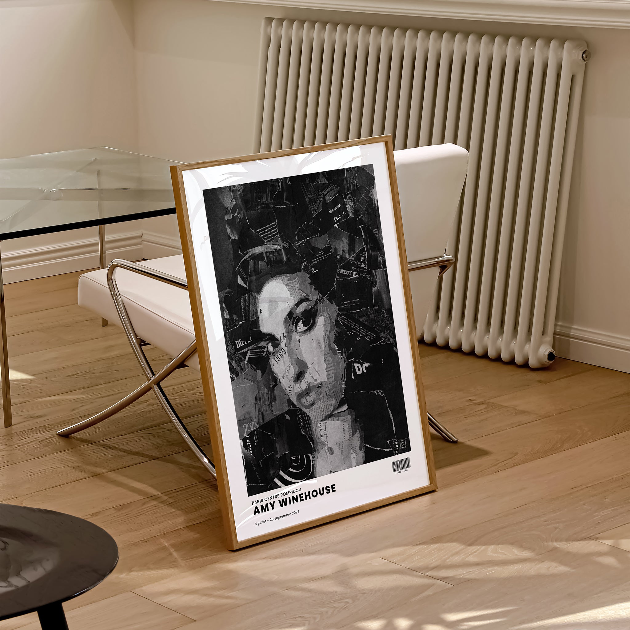 Be inspired by Iconic Amy Winehouse Paris Centre Pompidou Exhibition Art Print. The artwork is presented in a natural wood frame that captures its timeless beauty in every detail.