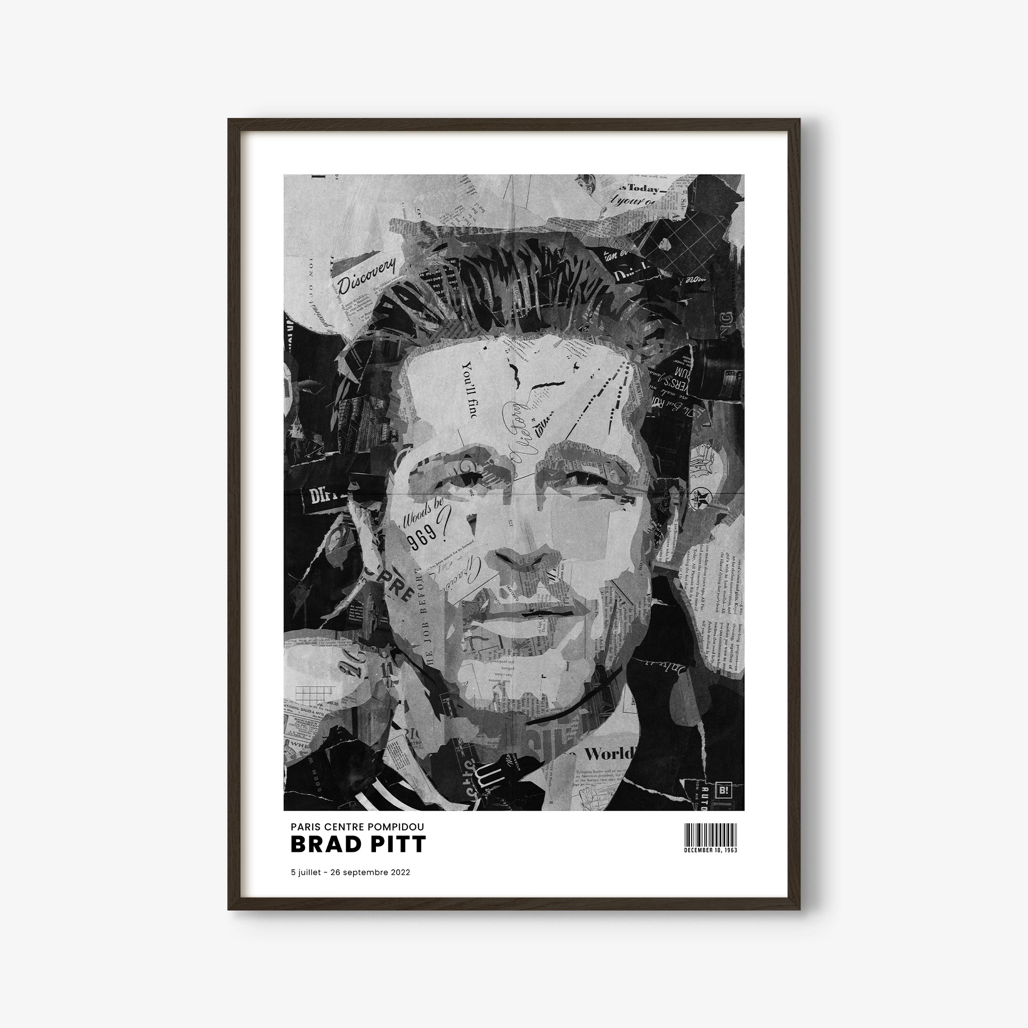 Be inspired by Iconic Brad Pitt Paris Centre Pompidou Exhibition Art Print. The artwork is presented in a black oak frame that captures its timeless beauty in every detail.