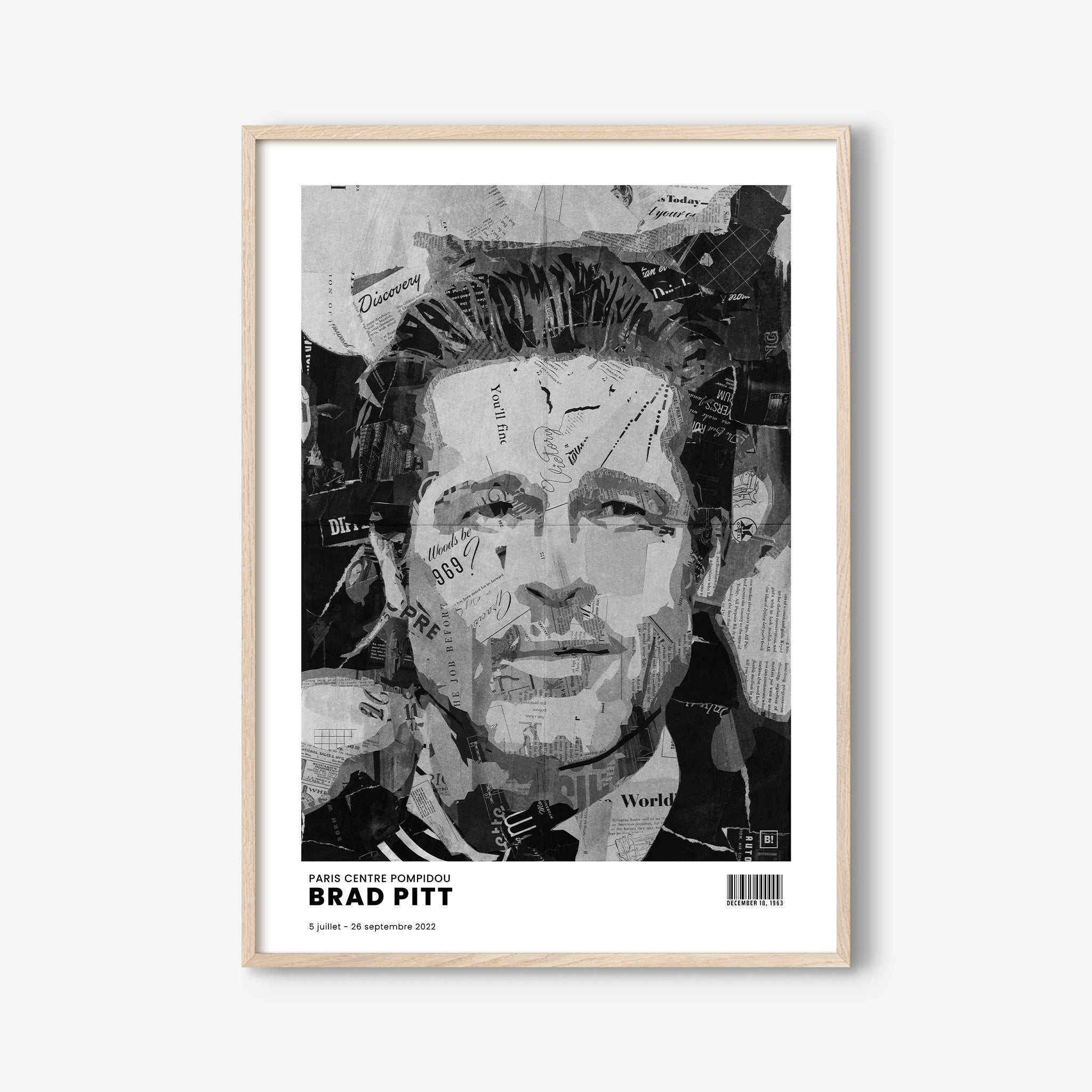 Be inspired by Iconic Brad Pitt Paris Centre Pompidou Exhibition Art Print. The artwork is presented in a white oak frame that captures its timeless beauty in every detail.