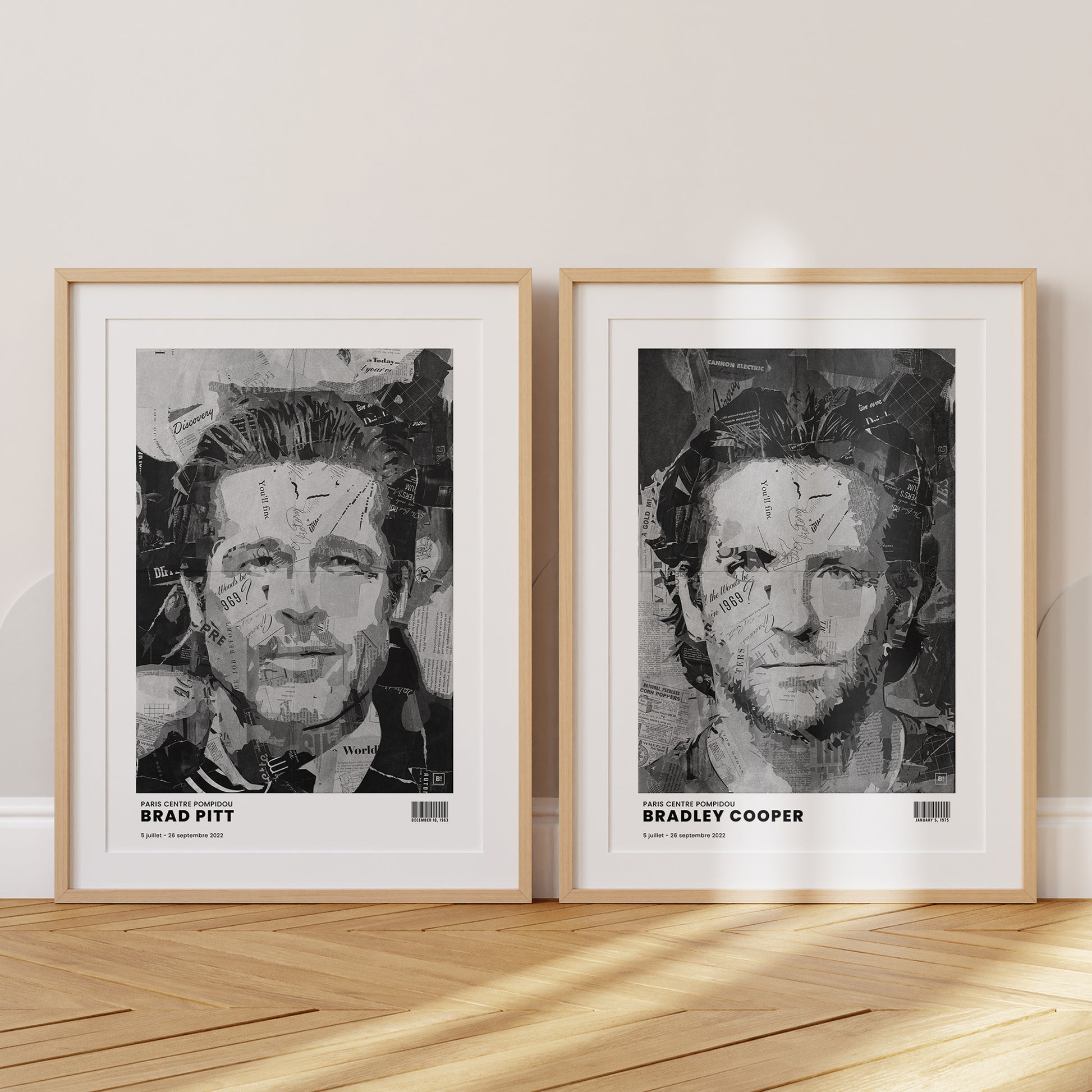 Be inspired by Iconic Brad Pitt Paris Centre Pompidou Exhibition Art Print. The artwork is presented in a set of two natural oak frames with passe-partout that captures its timeless beauty in every detail.