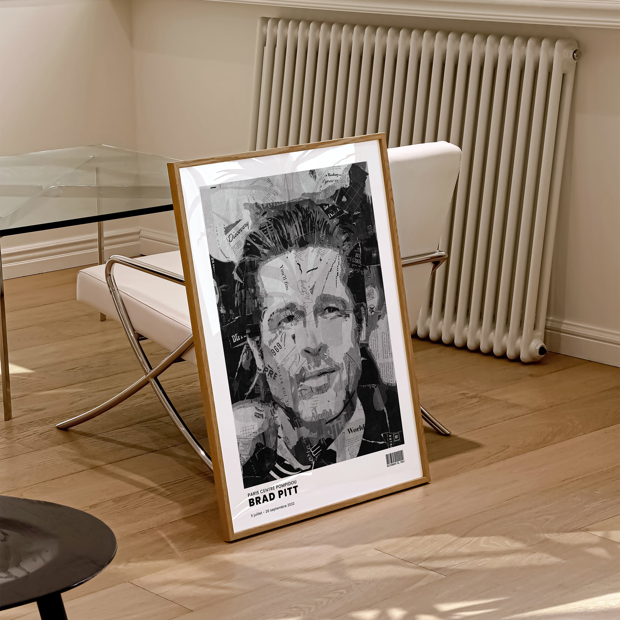 Be inspired by Iconic Brad Pitt Paris Centre Pompidou Exhibition Art Print. The artwork is presented in a natural wood frame that captures its timeless beauty in every detail.