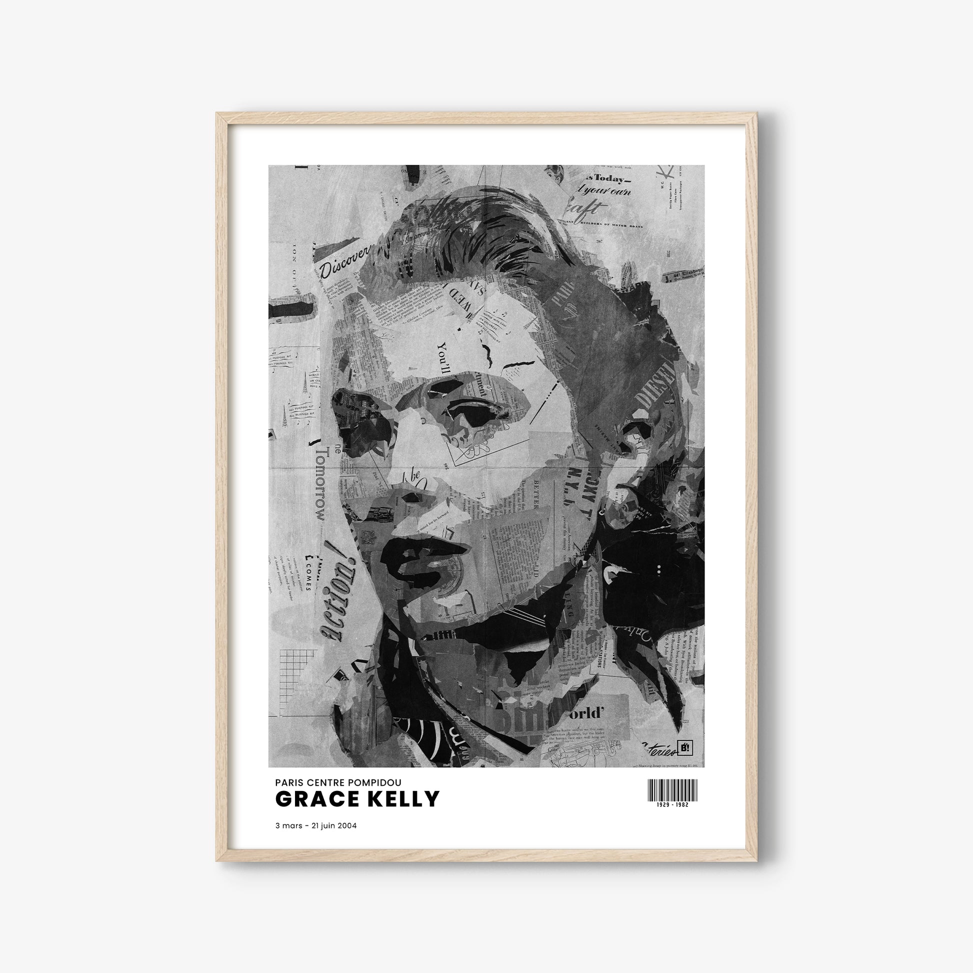 Be inspired by Iconic Grace Kelly Paris Centre Pompidou Exhibition Art Print. The artwork is presented in a white oak frame that captures its timeless beauty in every detail.