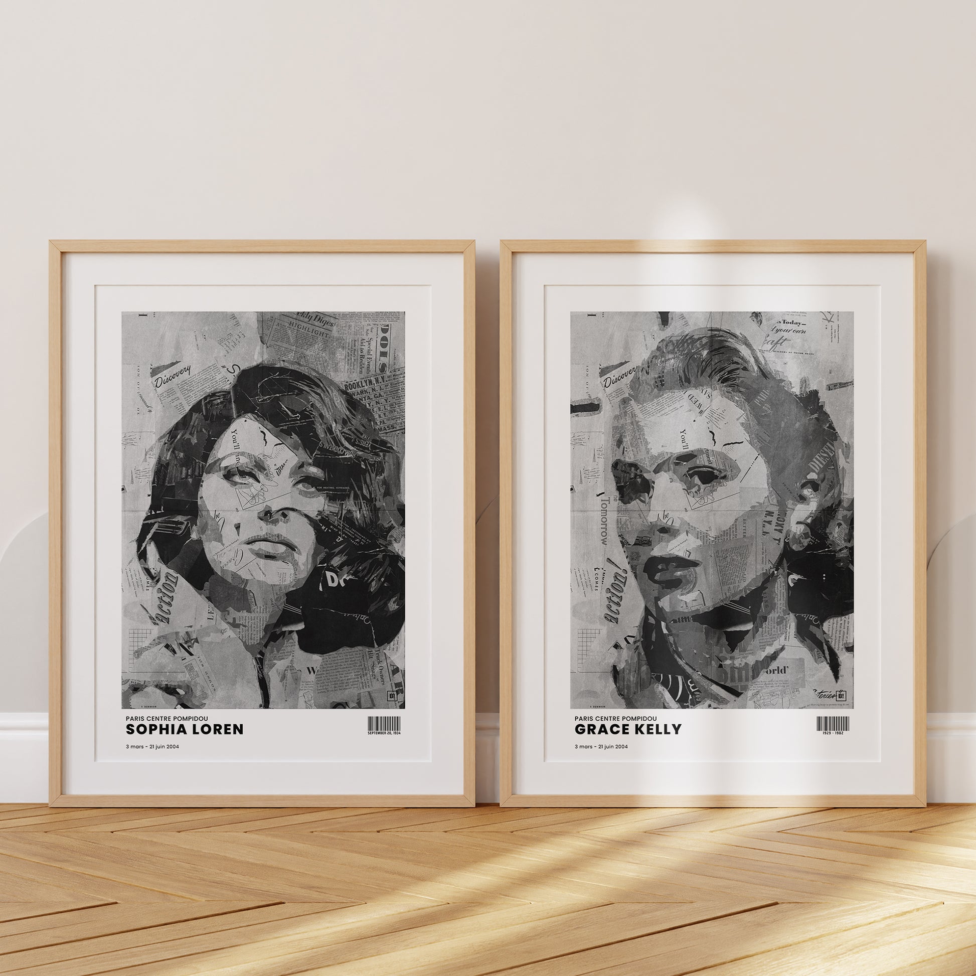 Be inspired by Iconic Grace Kelly Paris Centre Pompidou Exhibition Art Print. The artwork is presented in a set of two natural oak frames with passe-partout that captures its timeless beauty in every detail.