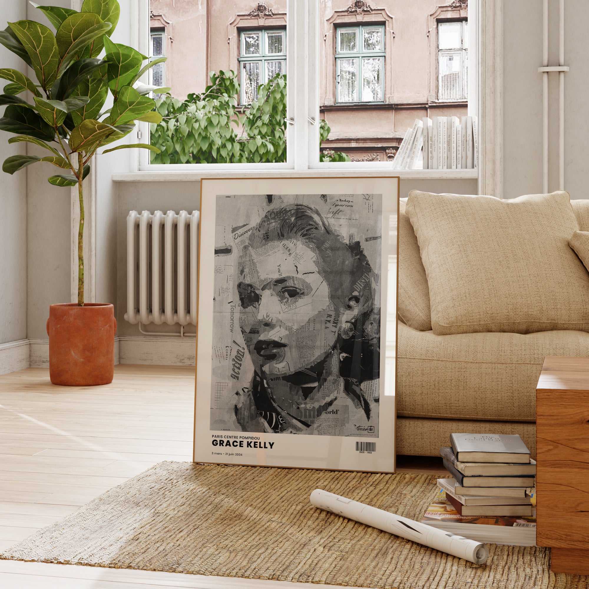 Be inspired by Iconic Grace Kelly Paris Centre Pompidou Exhibition Art Print. The artwork is presented in a bohemian room that captures its timeless beauty in every detail.