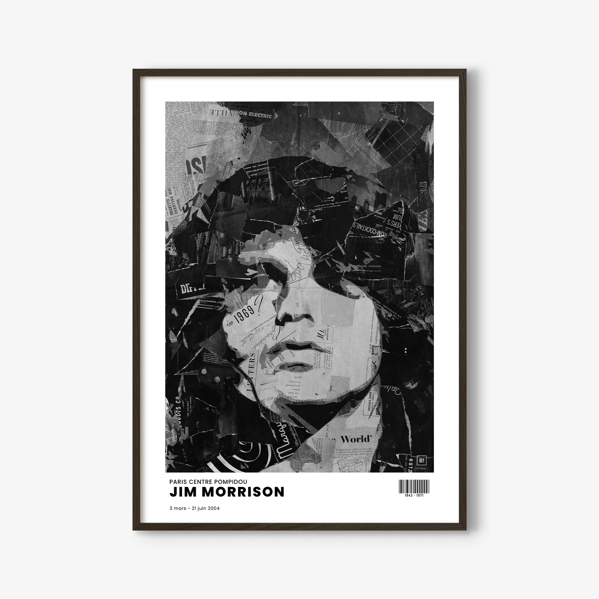 Be inspired by Iconic Jim Morrison Paris Centre Pompidou Exhibition Art Print. The artwork is presented in a black oak frame that captures its timeless beauty in every detail.