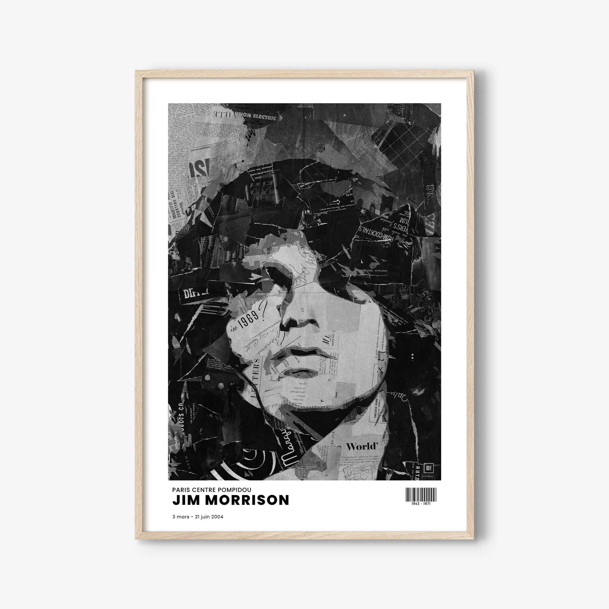 Be inspired by Iconic Jim Morrison Paris Centre Pompidou Exhibition Art Print. The artwork is presented in a white oak frame that captures its timeless beauty in every detail.