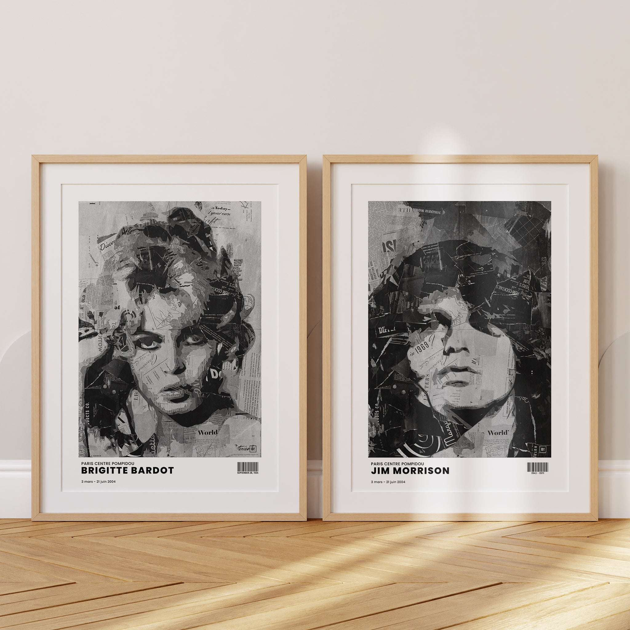 Be inspired by Iconic Jim Morrison Paris Centre Pompidou Exhibition Art Print. The artwork is presented in a set of two natural oak frames with passe-partout that captures its timeless beauty in every detail.