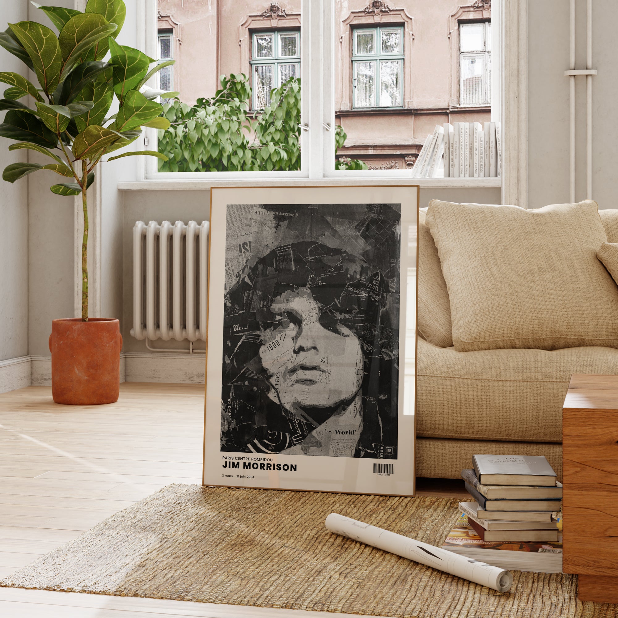 Be inspired by Iconic Jim Morrison Paris Centre Pompidou Exhibition Art Print. The artwork is presented in a bohemian room that captures its timeless beauty in every detail.