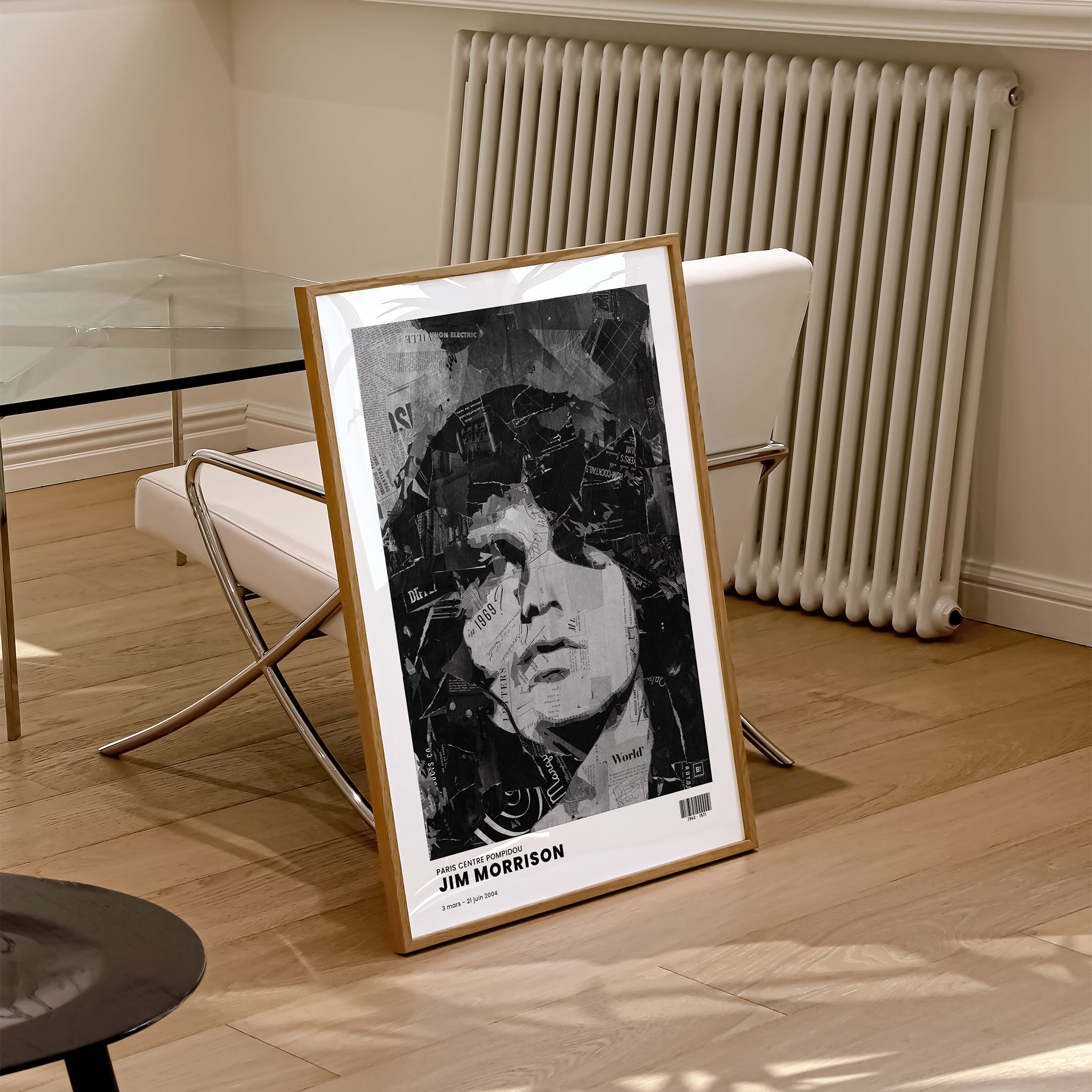 Be inspired by Iconic Jim Morrison Paris Centre Pompidou Exhibition Art Print. The artwork is presented in a natural wood frame that captures its timeless beauty in every detail.
