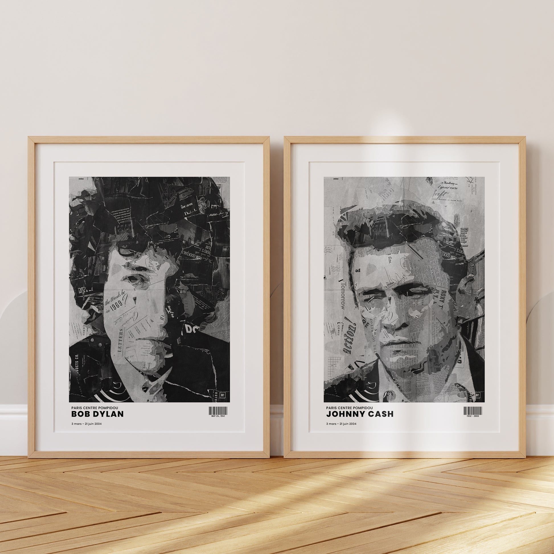 Be inspired by Iconic Johnny Cash Paris Centre Pompidou Exhibition Art Print. The artwork is presented in a set of two natural oak frames with passe-partout that captures its timeless beauty in every detail.