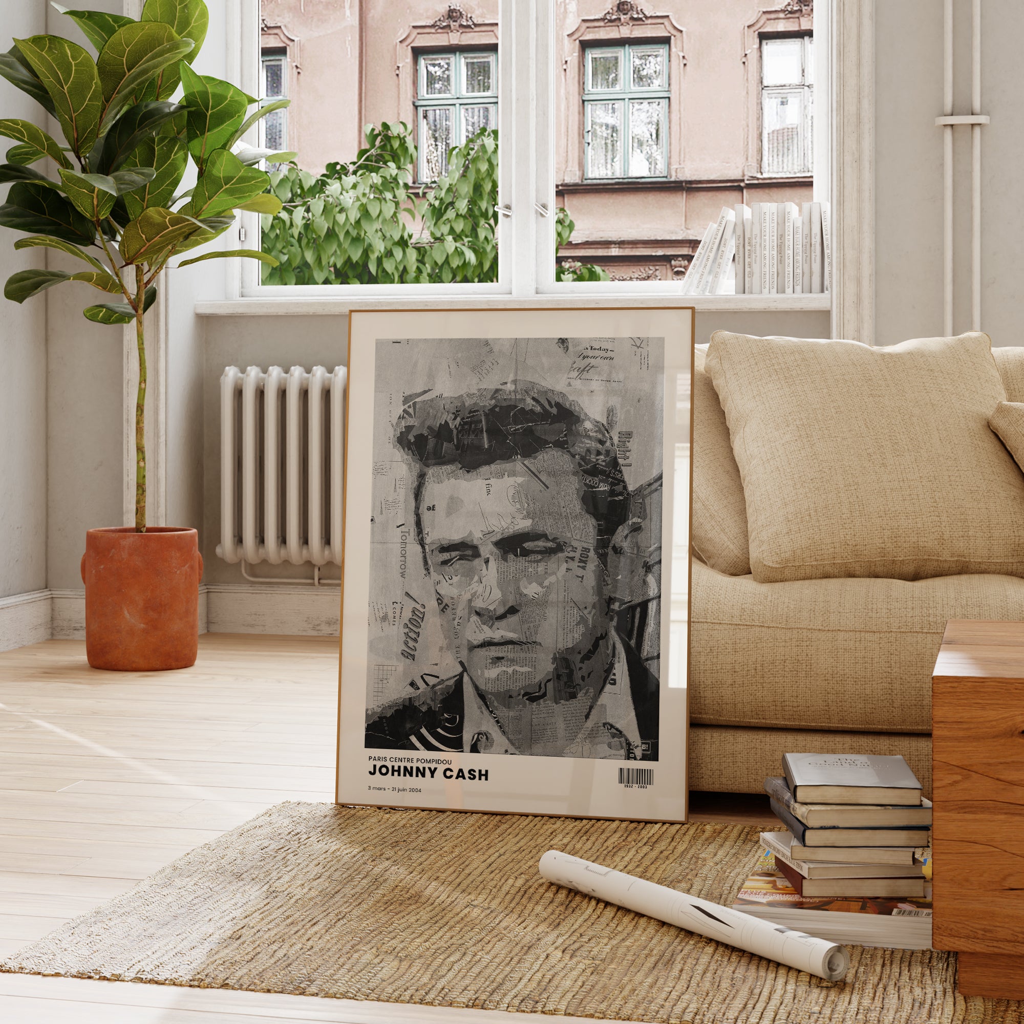 Be inspired by Iconic Johnny Cash Paris Centre Pompidou Exhibition Art Print. The artwork is presented in a bohemian room that captures its timeless beauty in every detail.