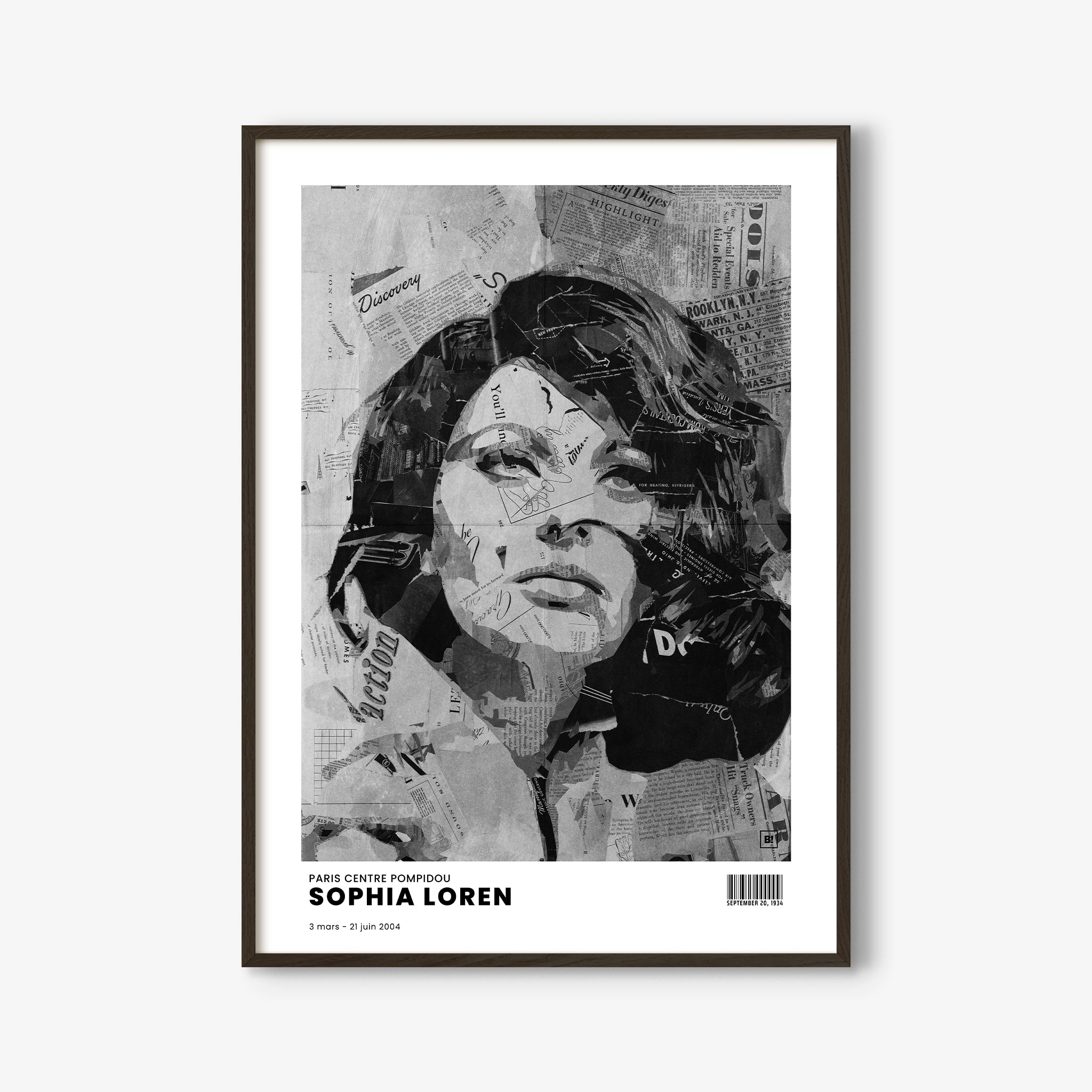 Be inspired by Iconic Sophia Loren Paris Centre Pompidou Exhibition Art Print. The artwork is presented in a black oak frame that captures its timeless beauty in every detail.