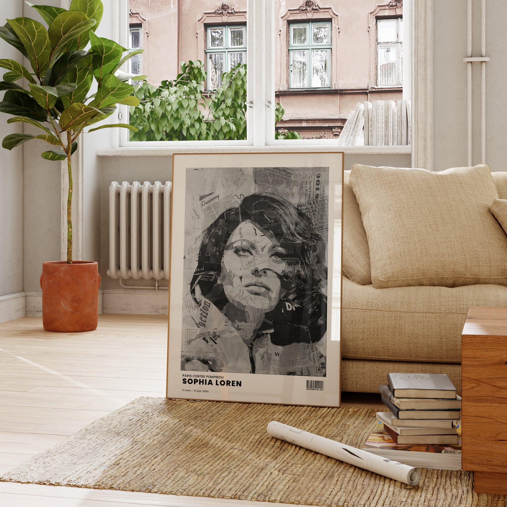 Be inspired by Iconic Sophia Loren Paris Centre Pompidou Exhibition Art Print. The artwork is presented in a bohemian room that captures its timeless beauty in every detail.