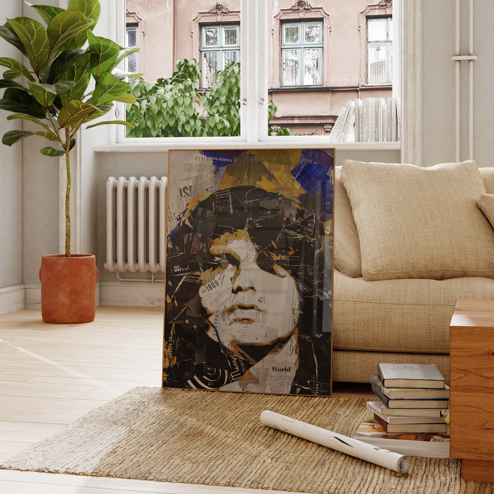 Be inspired by our iconic collage portrait art print of Jim Morrison. This artwork was printed using the giclée process on archival acid-free paper and is presented in a French living room, capturing its timeless beauty in every detail.