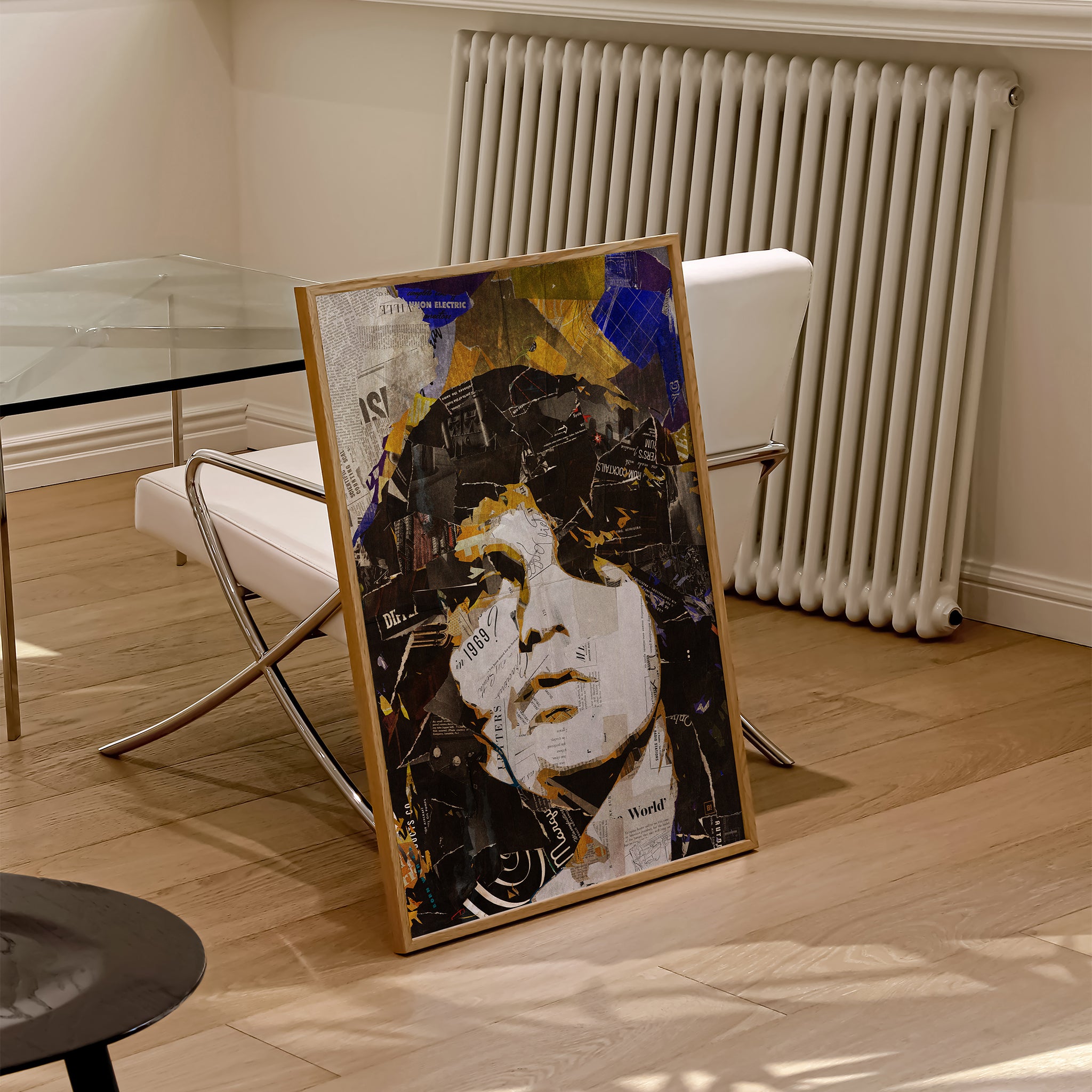 Be inspired by our iconic collage portrait art print of Jim Morrison. This artwork was printed using the giclée process on archival acid-free paper and is presented in a natural oak frame, capturing its timeless beauty in every detail.