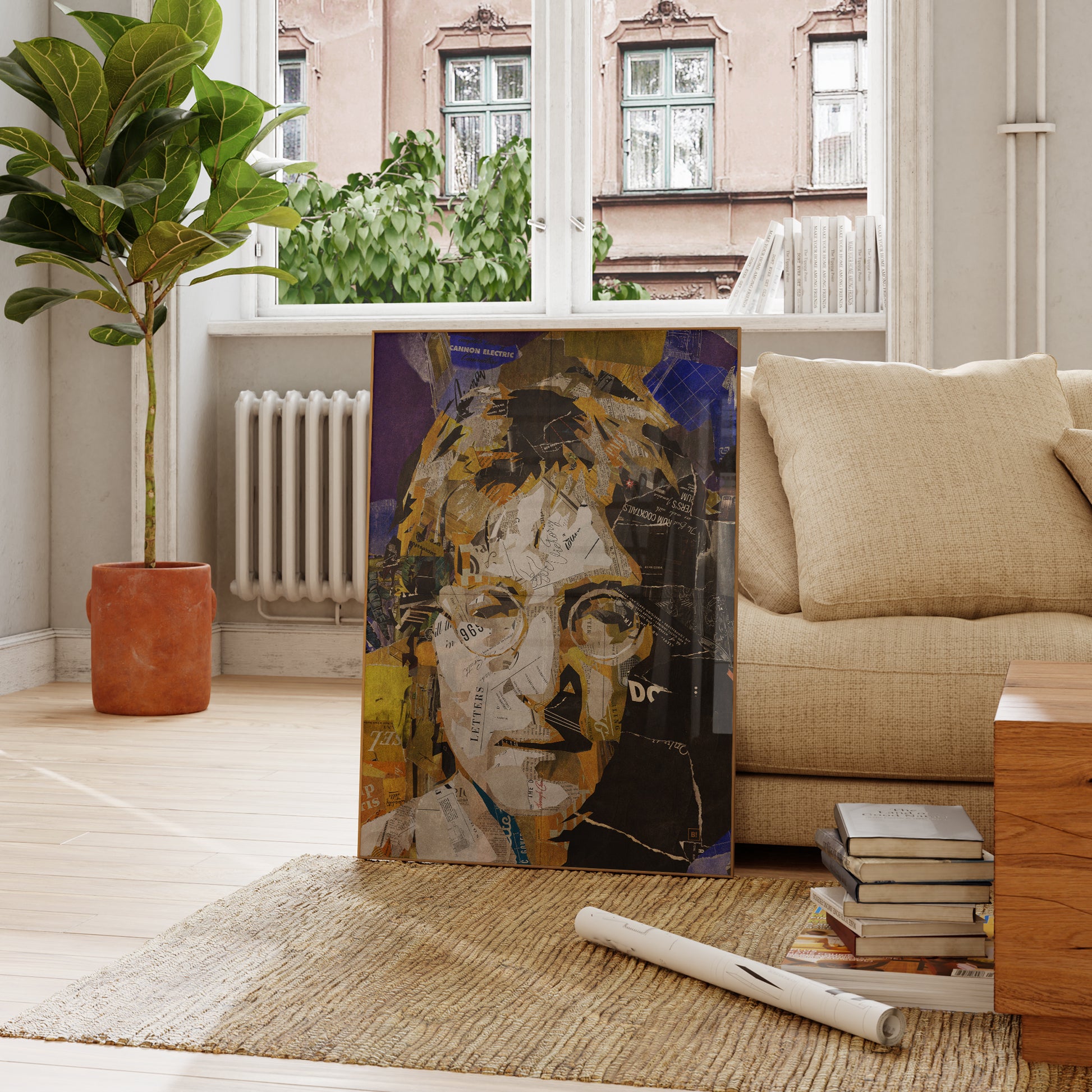 Be inspired by our iconic collage portrait art print of John Lennon. This artwork was printed using the giclée process on archival acid-free paper and is presented in a French living room, capturing its timeless beauty in every detail.