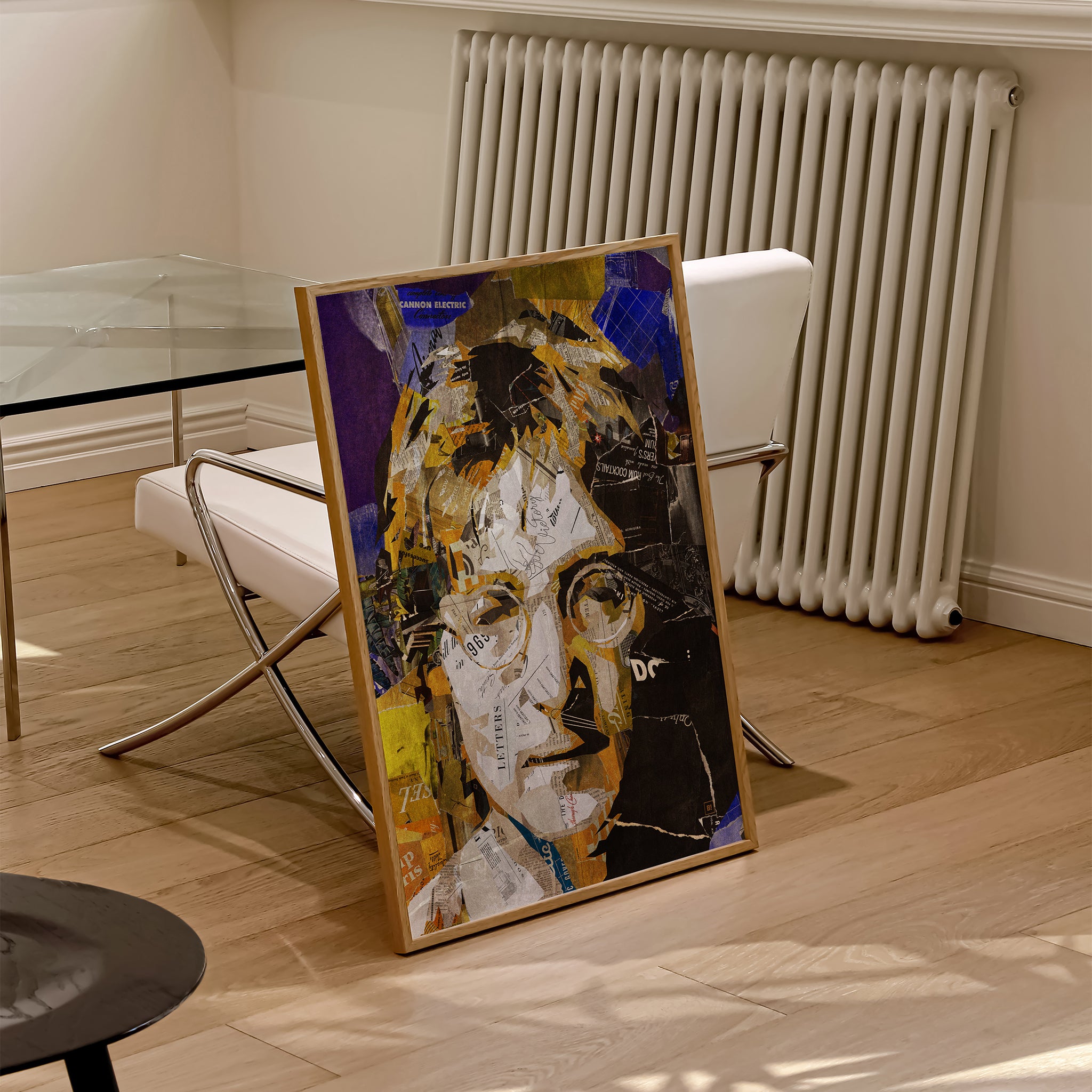 Be inspired by our iconic collage portrait art print of John Lennon. This artwork was printed using the giclée process on archival acid-free paper and is presented in a natural oak frame, capturing its timeless beauty in every detail.