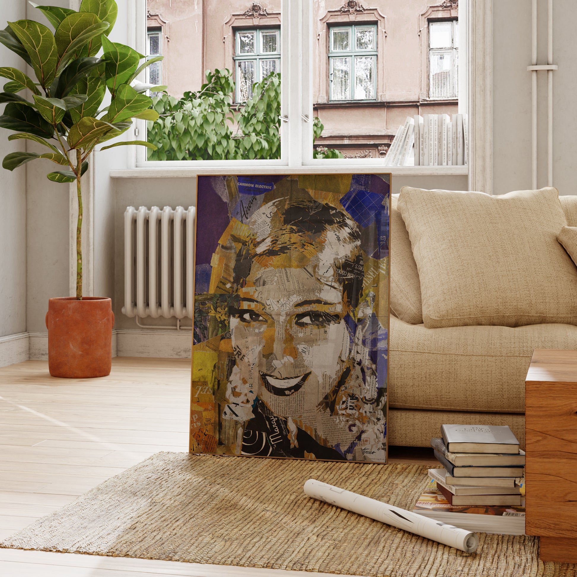 Be inspired by our iconic collage portrait art print of Josephine Baker. This artwork was printed using the giclée process on archival acid-free paper and is presented in a French living room, capturing its timeless beauty in every detail.