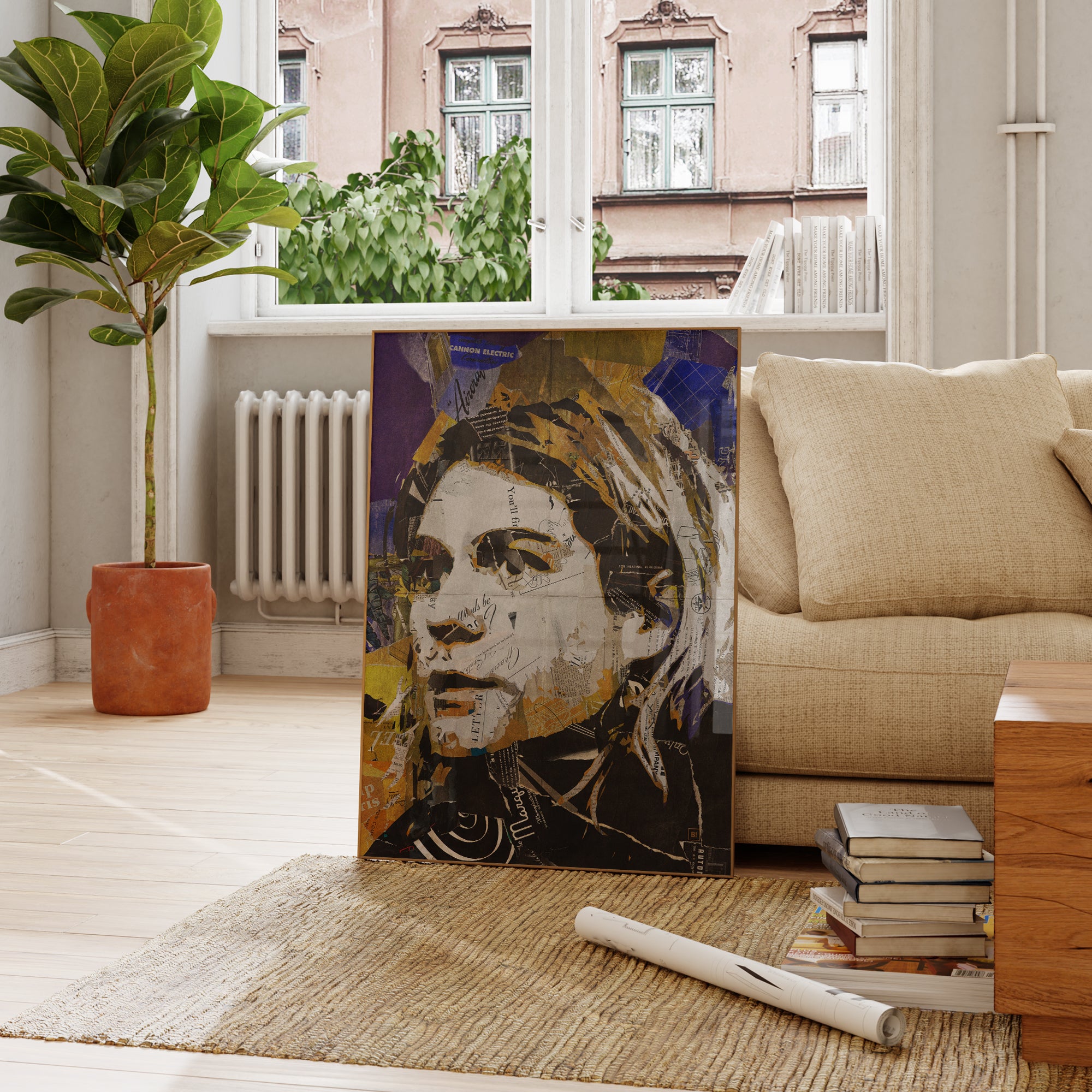 Be inspired by our iconic collage portrait art print of Kurt Cobain. This artwork was printed using the giclée process on archival acid-free paper and is presented in a French living room, capturing its timeless beauty in every detail