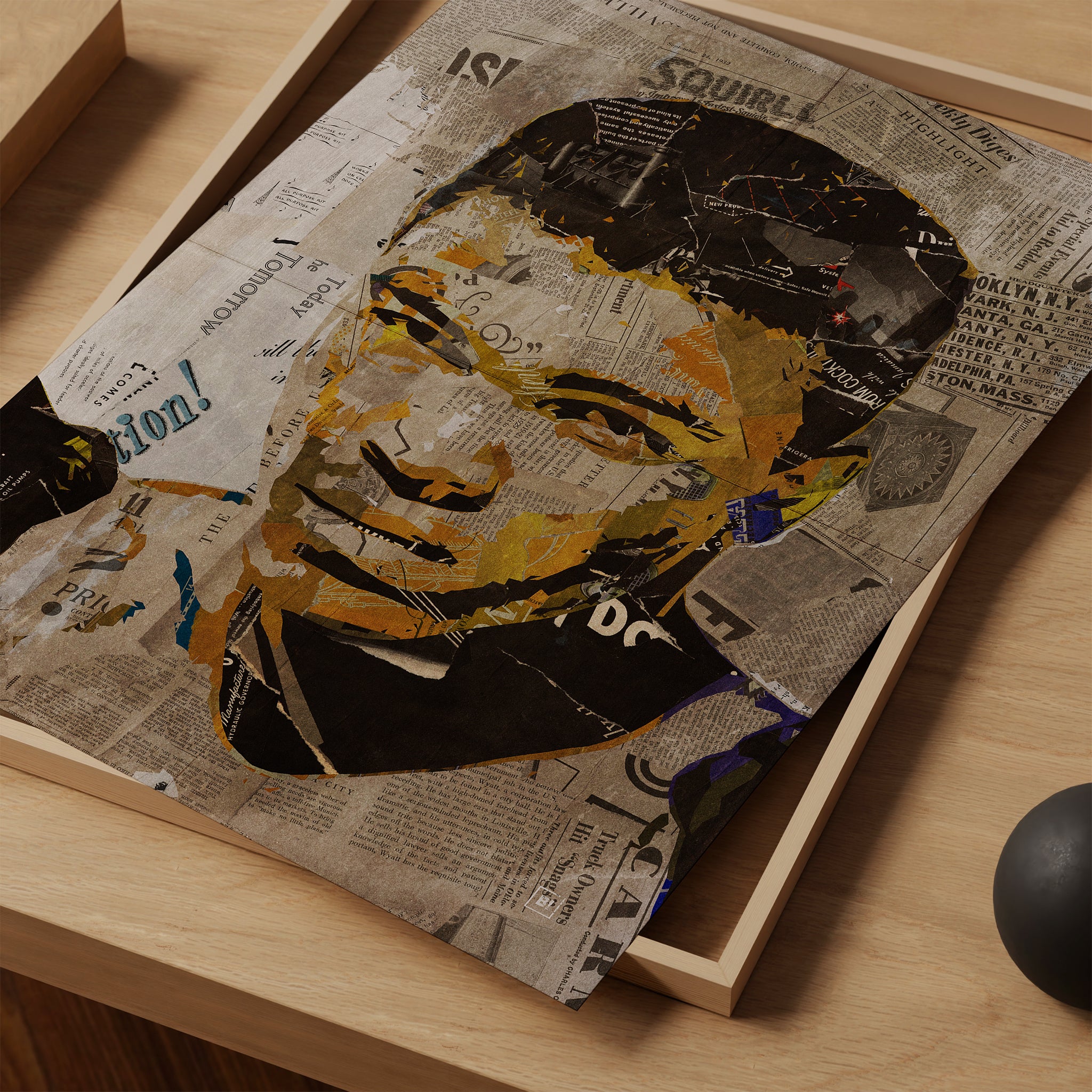 Be inspired by our iconic collage portrait art print of Muhammad Ali. This artwork was printed using the giclée process on archival acid-free paper and is presented as a print close-up, capturing its timeless beauty in every detail.