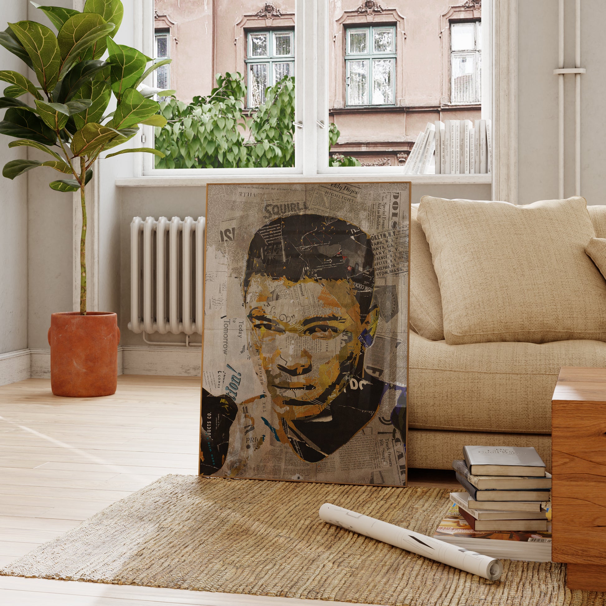 Be inspired by our iconic collage portrait art print of Muhammad Ali. This artwork was printed using the giclée process on archival acid-free paper and is presented in a French living room, capturing its timeless beauty in every detail.