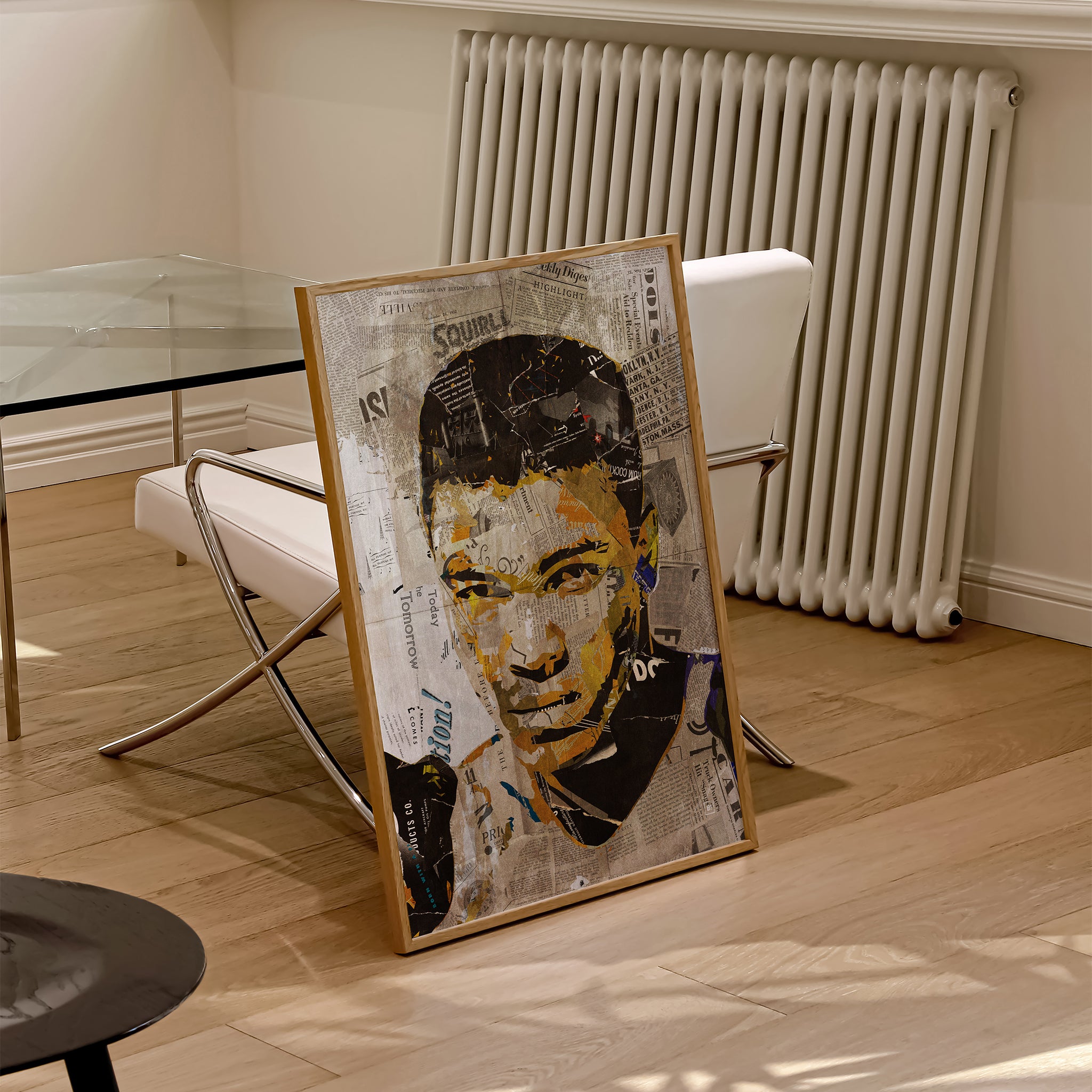 Be inspired by our iconic collage portrait art print of Muhammad Ali. This artwork was printed using the giclée process on archival acid-free paper and is presented in a natural oak frame, capturing its timeless beauty in every detail.