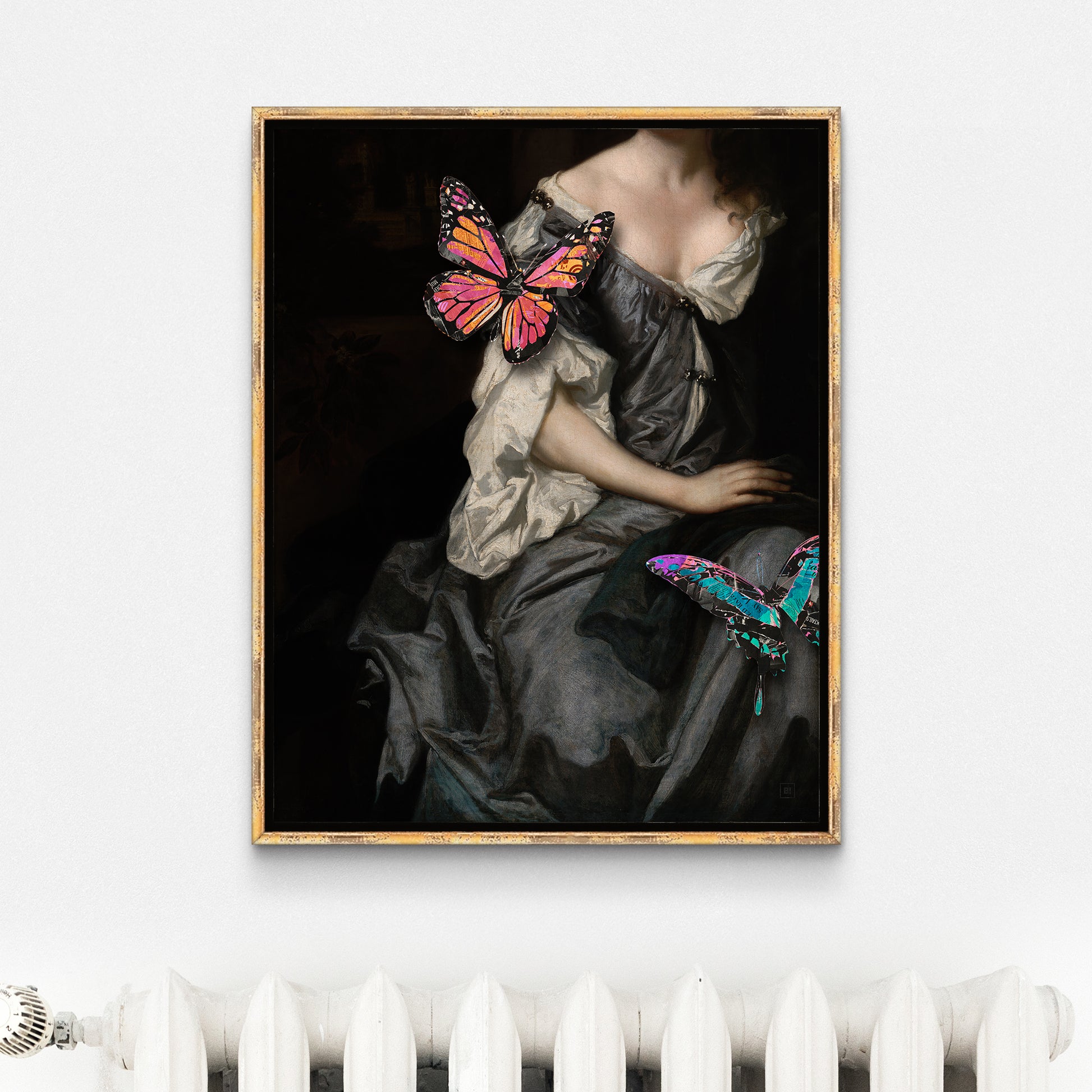 Be inspired by our Victorian portrait with gray dress and butterflies art print. This artwork was printed using the giclée process on archival acid-free paper and is presented in a golden vintage frame that captures its timeless beauty in every detail.