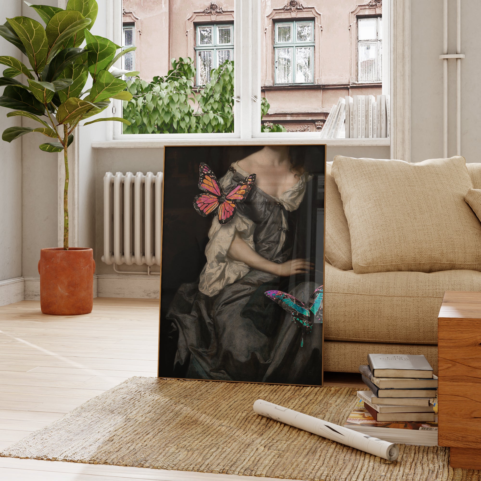 Be inspired by our Victorian portrait with gray dress and butterflies art print. This artwork was printed using the giclée process on archival acid-free paper and is presented in a french living room that captures its timeless beauty in every detail.