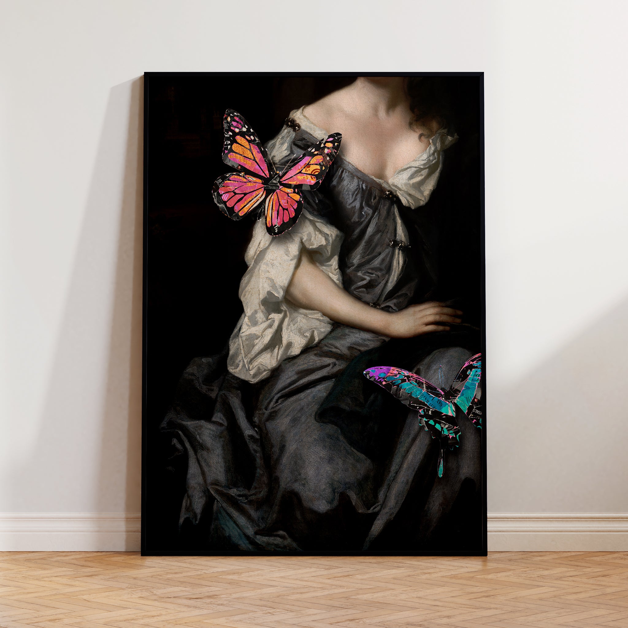 Be inspired by our Victorian portrait with gray dress and butterflies art print. This artwork was printed using the giclée process on archival acid-free paper and is presented in a modern black frame that captures its timeless beauty in every detail.
