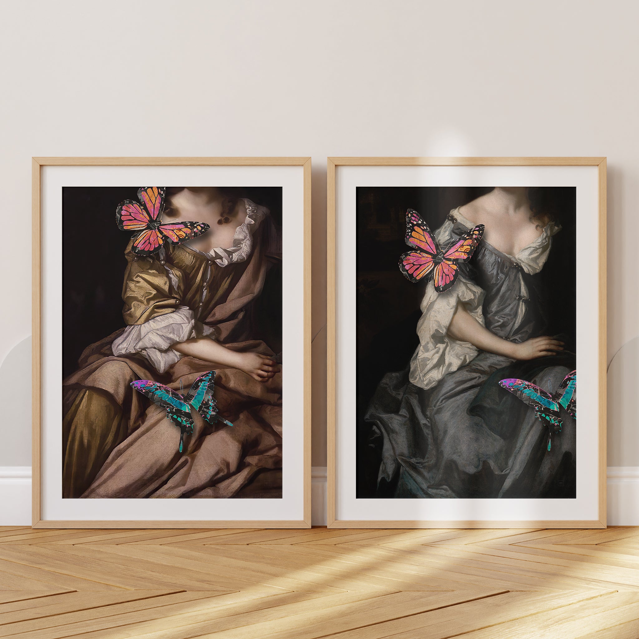 Be inspired by our Victorian portrait with gray dress and butterflies art print. This artwork was printed using the giclée process on archival acid-free paper and is presented in a set of two oak frames with passe-partout that captures its timeless beauty in every detail.