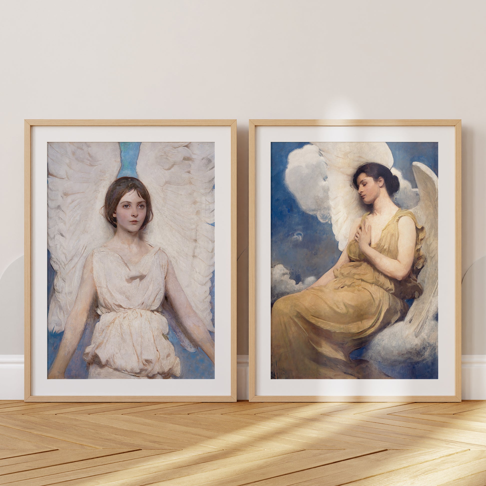 Be inspired by our classic art print Winged Figure by Abbott Handerson Thayer. This artwork was printed using the giclée process on archival acid-free paper and is presented in a set of two oak frames with passe-partout that captures its timeless beauty in every detail.