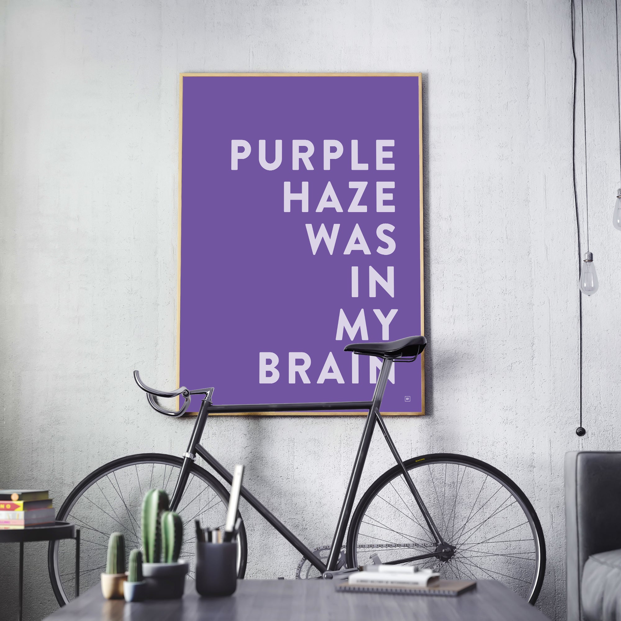Be inspired by our Jimi Hendrix "Purple Haze Was In My Brain" lyric art print! This artwork has been printed using the giclée process on archival acid-free paper and is showcased in a modern living room, capturing its timeless beauty in every detail.