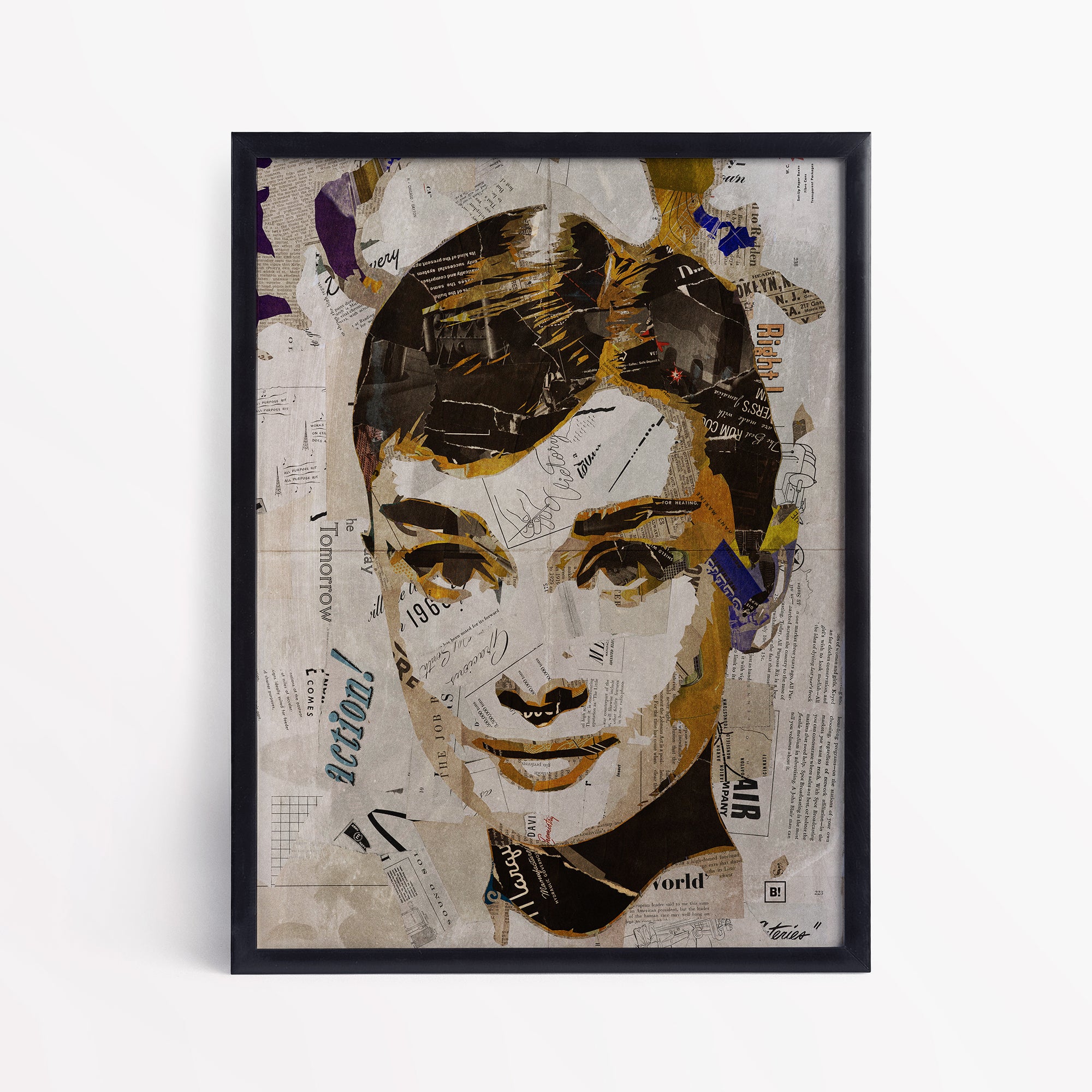 Be inspired by our iconic collage portrait art print of Audrey Hepburn. This artwork has been printed using the giclée process on archival acid-free paper and is presented in a sleek black frame, showcasing its timeless beauty in every detail.